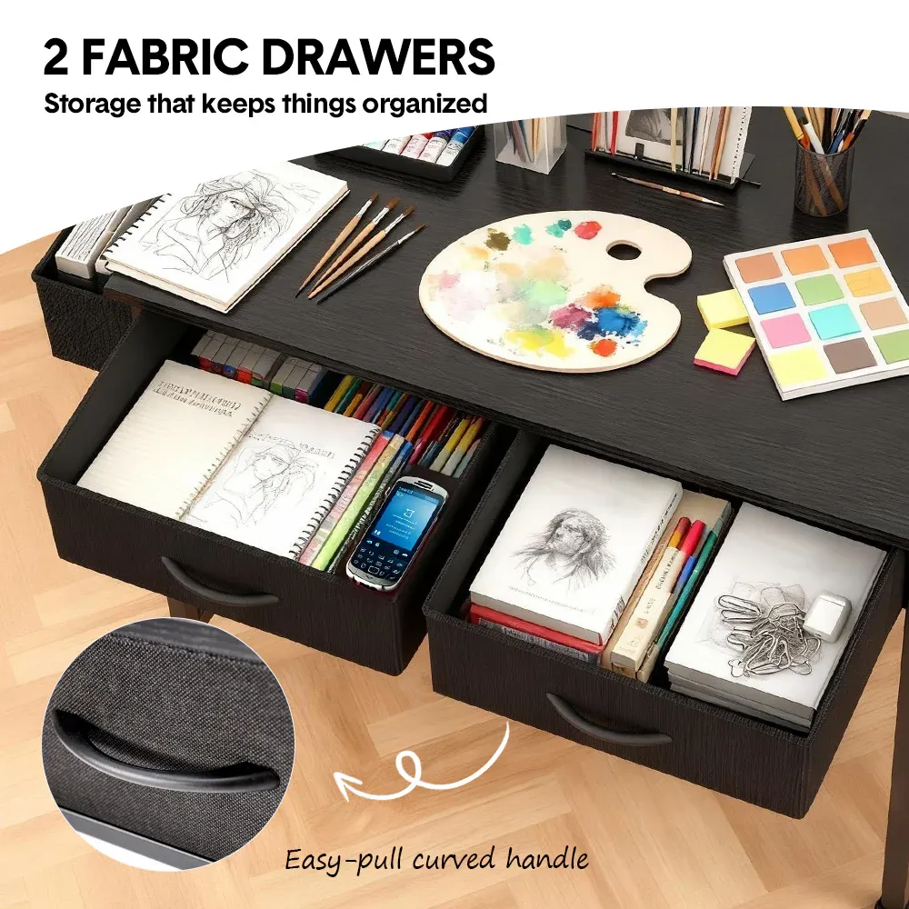 80cm Study Desk Home Office Computer Desk with 2 Fabric Drawers Side Pocket and Hook Modern Small Writing Table for Bedroom Dorm Small Spaces Black — image 3