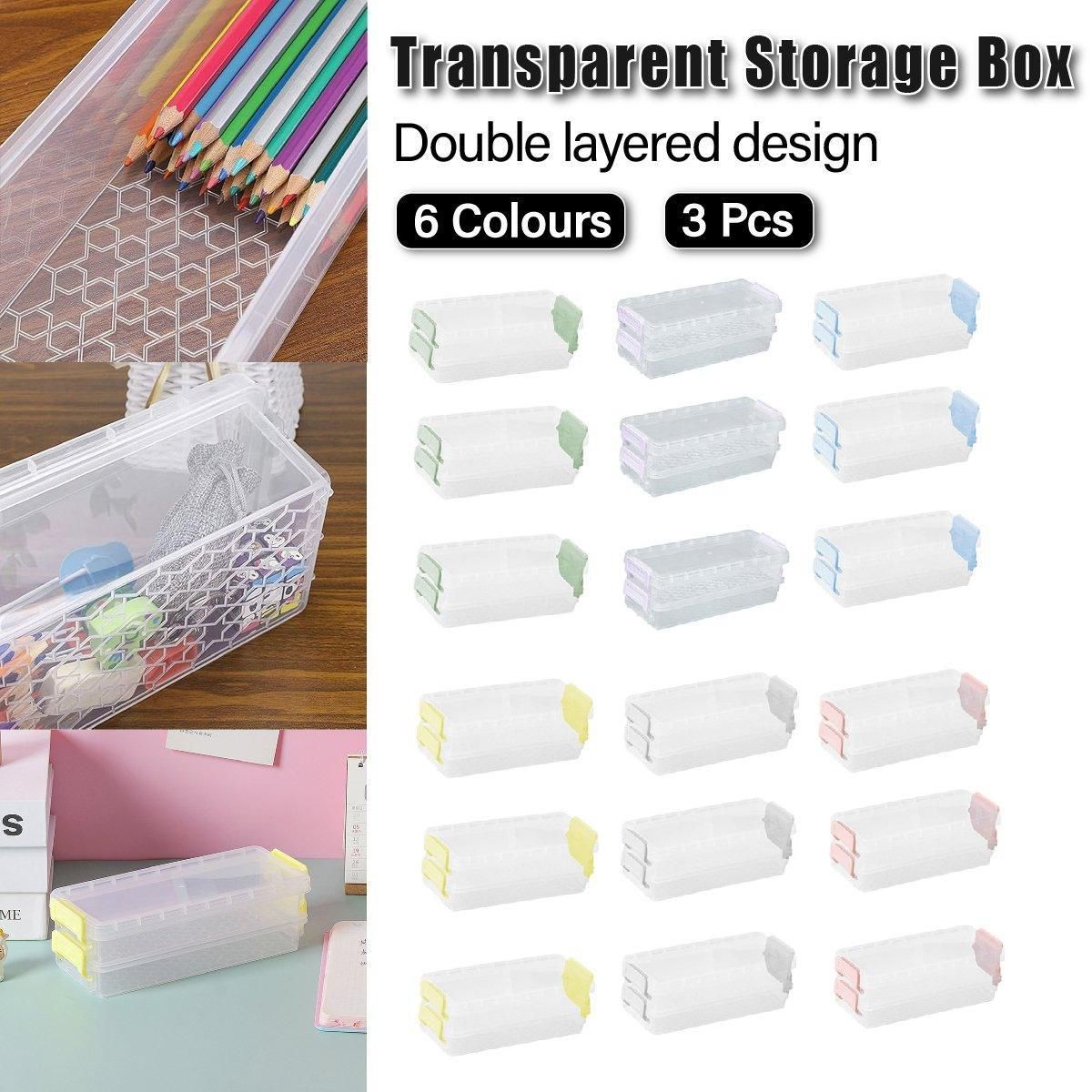 3PCS Clear Plastic Desktop Storage Box 2 Layer Holder DIY Stationery Pencil Case - Green โ image 2
