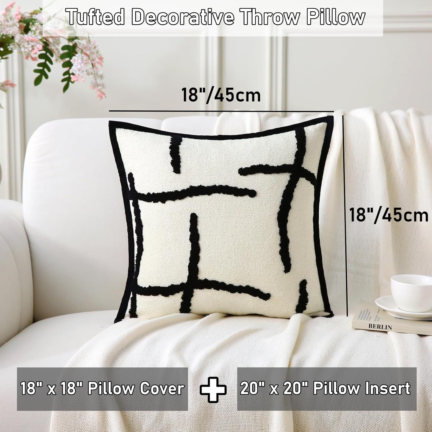 Boho Decorative Throw Pillows with Inserts, 18" x 18" Soft Tufted Modern Chenille Pillow, Pillows for Home, Patio, Couch, Bedroom, Living Room (Black Lines — image 2