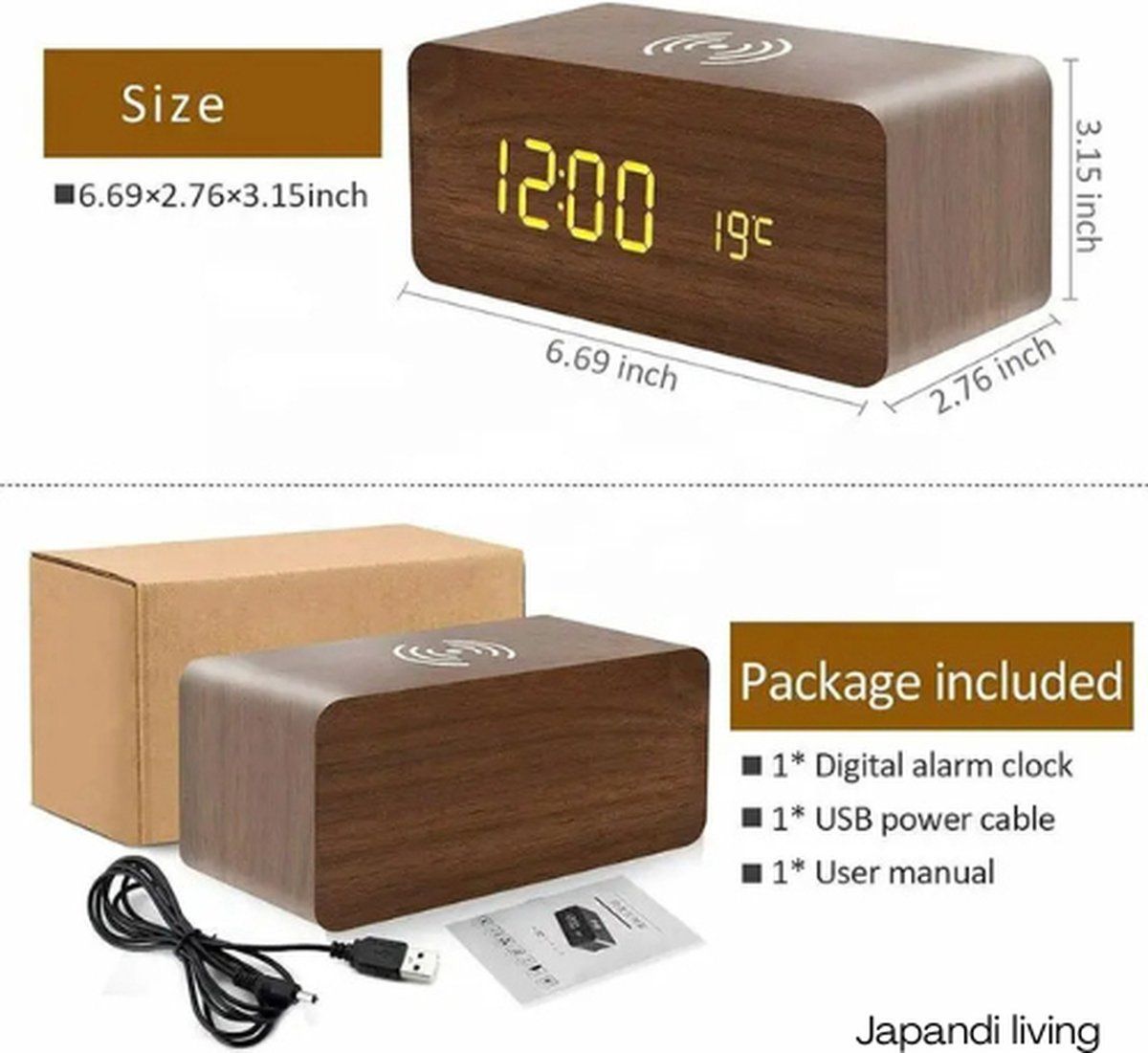 Dark Wood-Look Digital Alarm Clock with Wireless Charging, Date and Temperature Display — image 2