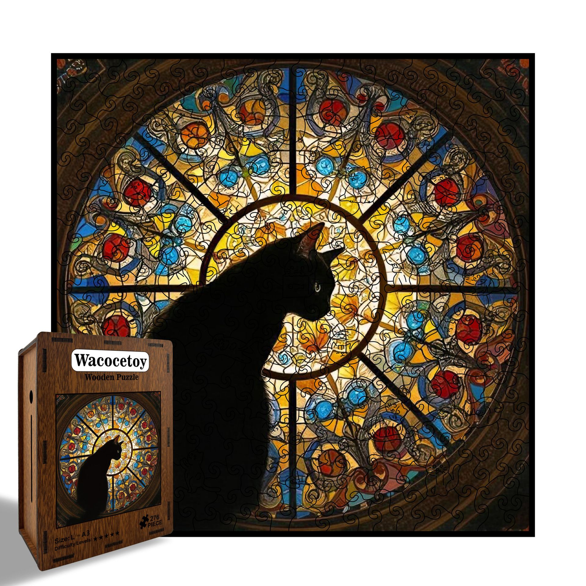 L size Cat Stained Glass Wooden Puzzle Irregular Shaped Jigsaw Puzzle High Difficulty Wooden Brain Teaser Cathedral Black Cat Mosaic Puzzle Gift for — image 5