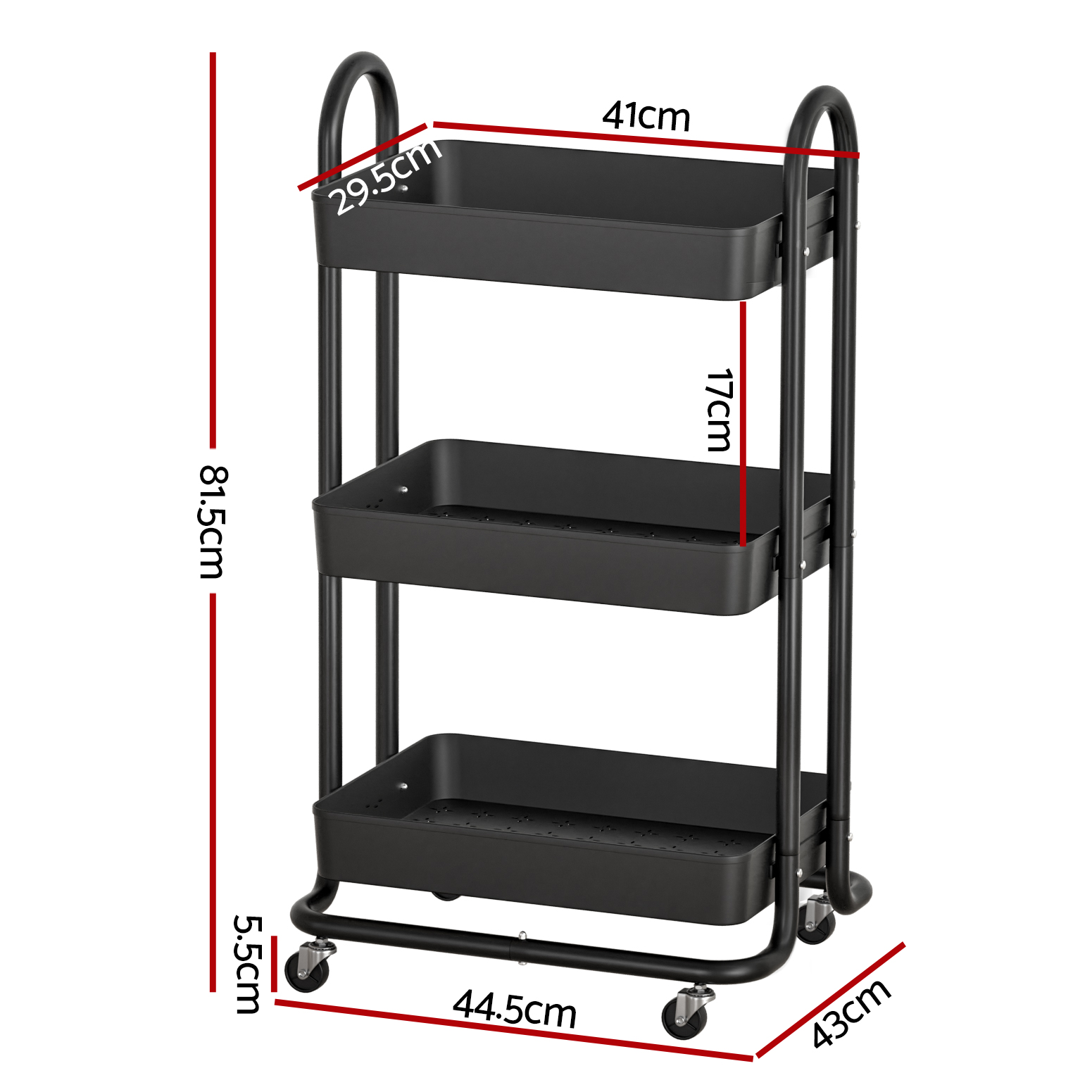 Artiss Storage Trolley Kitchen Cart 3 Tiers Rack Shelf Organiser Wheels Black โ image 2