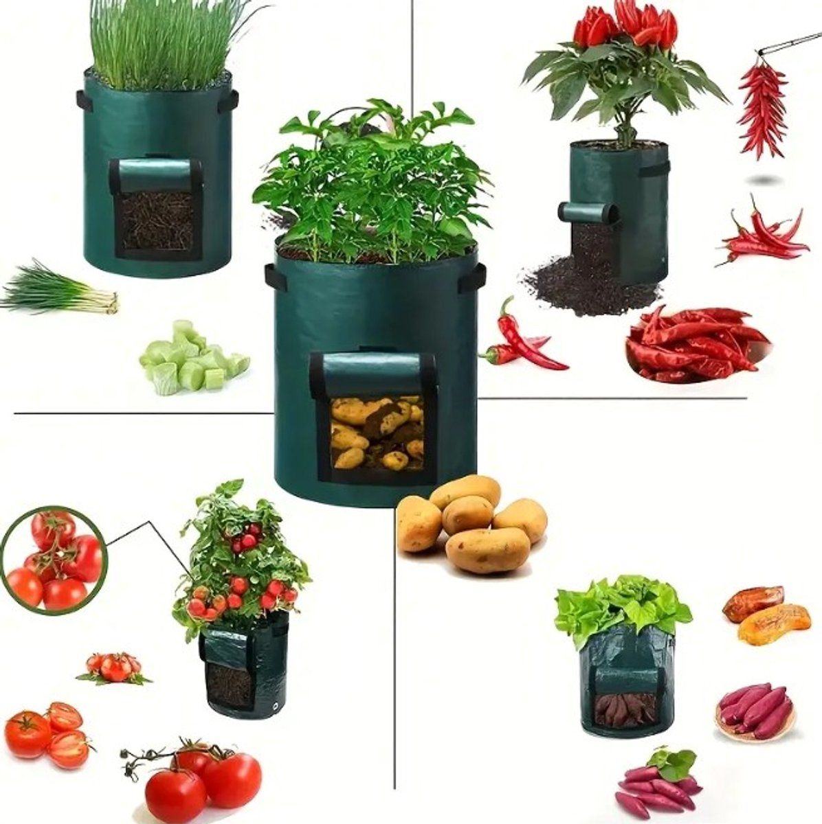 5 Pieces 38 L Grow Bags with Handles and Harvest Window, Breathable Planter Bags for Potatoes, Carrots and Vegetables, Green — image 4