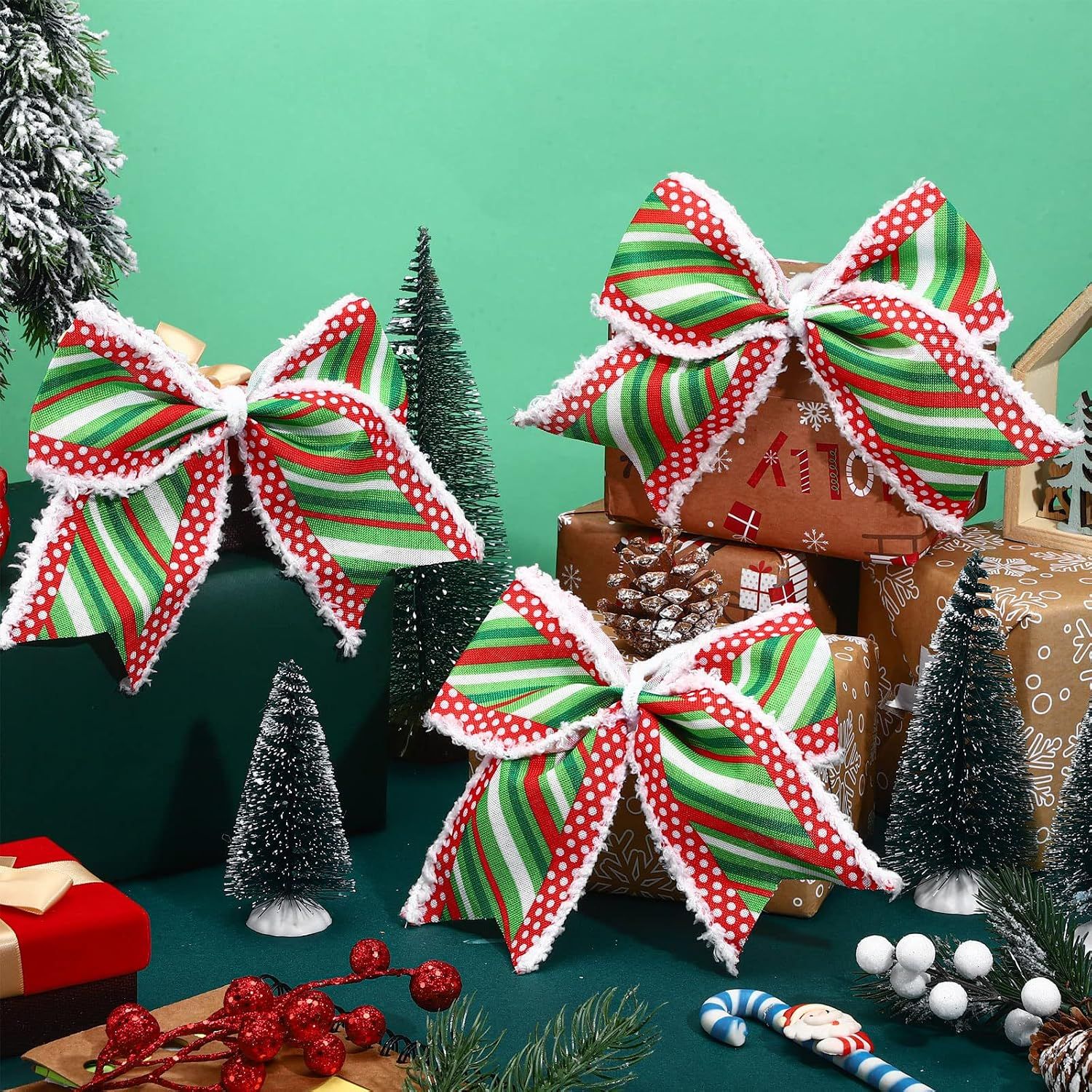12 Pcs Red Green Christmas Bows Decoration 6 Inch Large Christmas Wreaths Bows Xmas Tree Dot Ribbons Ornaments for Garland Wedding Party(Red and Green,Stripe โ image 3