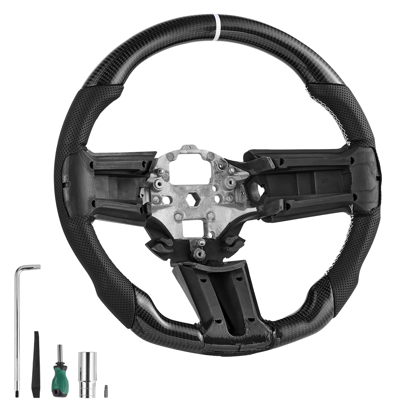 Steering Wheel for 2010-2014 Ford Mustang, Carbon Fiber Steering Wheel D-Shaped Flat-Bottom, Leather Grip with Non-Slip Texture & Precise Stitching