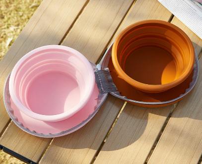 Brown-pink Portable Collapsible Double Pet Bowls for Dogs and Cats - 2x 450ml Food Grade Silicone Travel Feeder with Zippered Paw Carrying Case - Lightweight