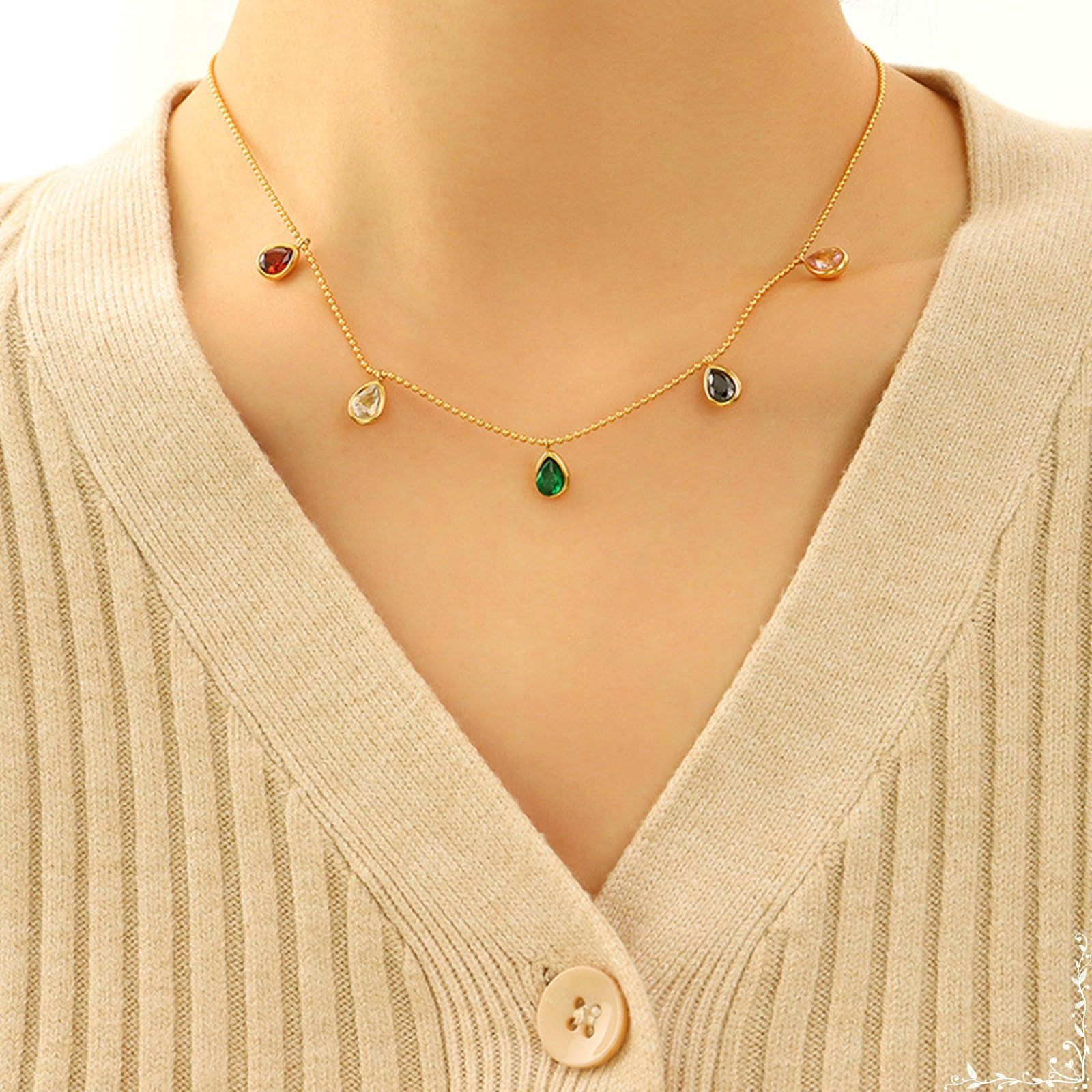 Stainless Steel Necklace Pendant, Gold Women Necklace with Colorful Teardrop Cubic Zirconia Pendant Necklaces โ image 2