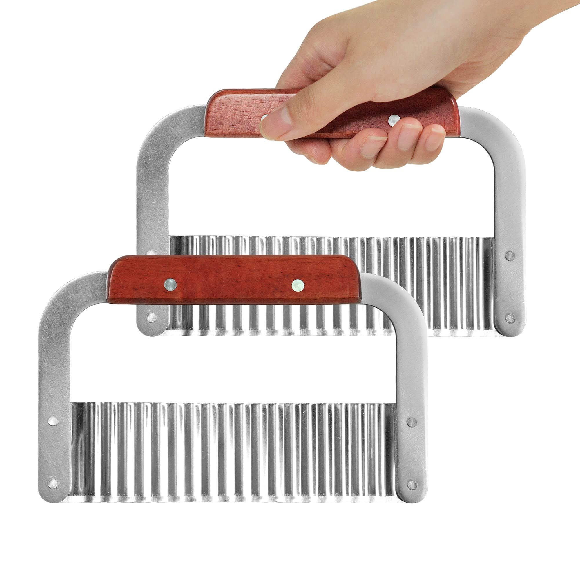 Wavy Potato Soap Cutting Tool French Fry Slicer Stainless Steel Blade Wooden Handle Serrator Chopping Knife, Set of 2