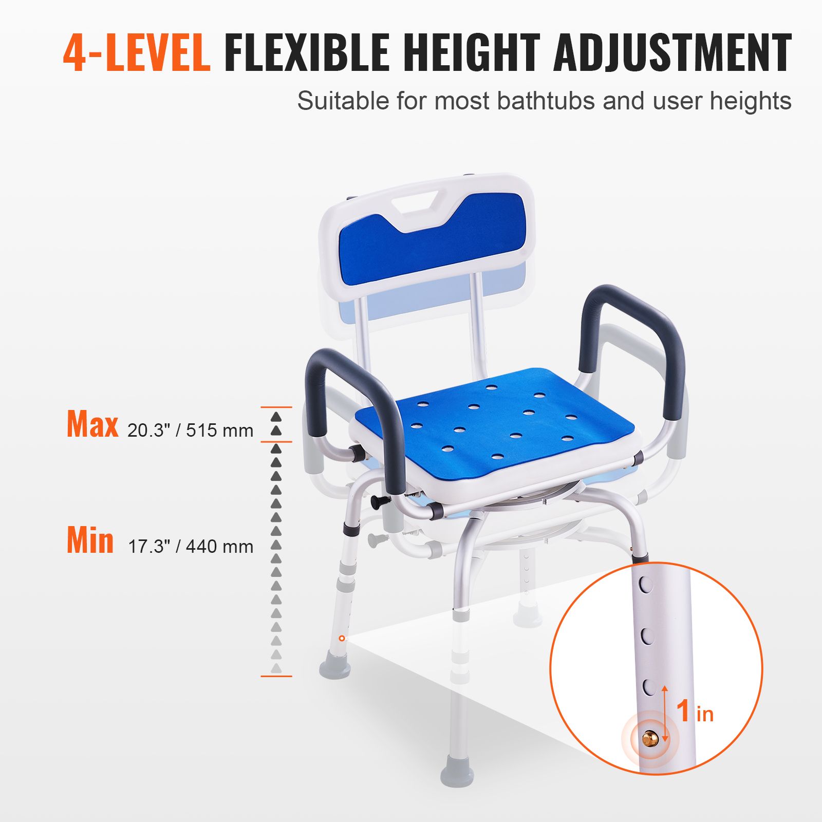 Swivel Shower Chair 360 Degree, Adjustable Shower Seat with Armrests and Backrest for Inside Shower or Bathtub, Non-Slip Rotating Bathtub Chair Seat for — image 3