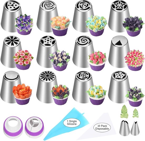 set of 27 cake decorating tips - 12 flower-shaped tips - cake decorating tip set - baking supplies for cookies and cupcakes - 2 leaf-shaped tips - 2 adapters