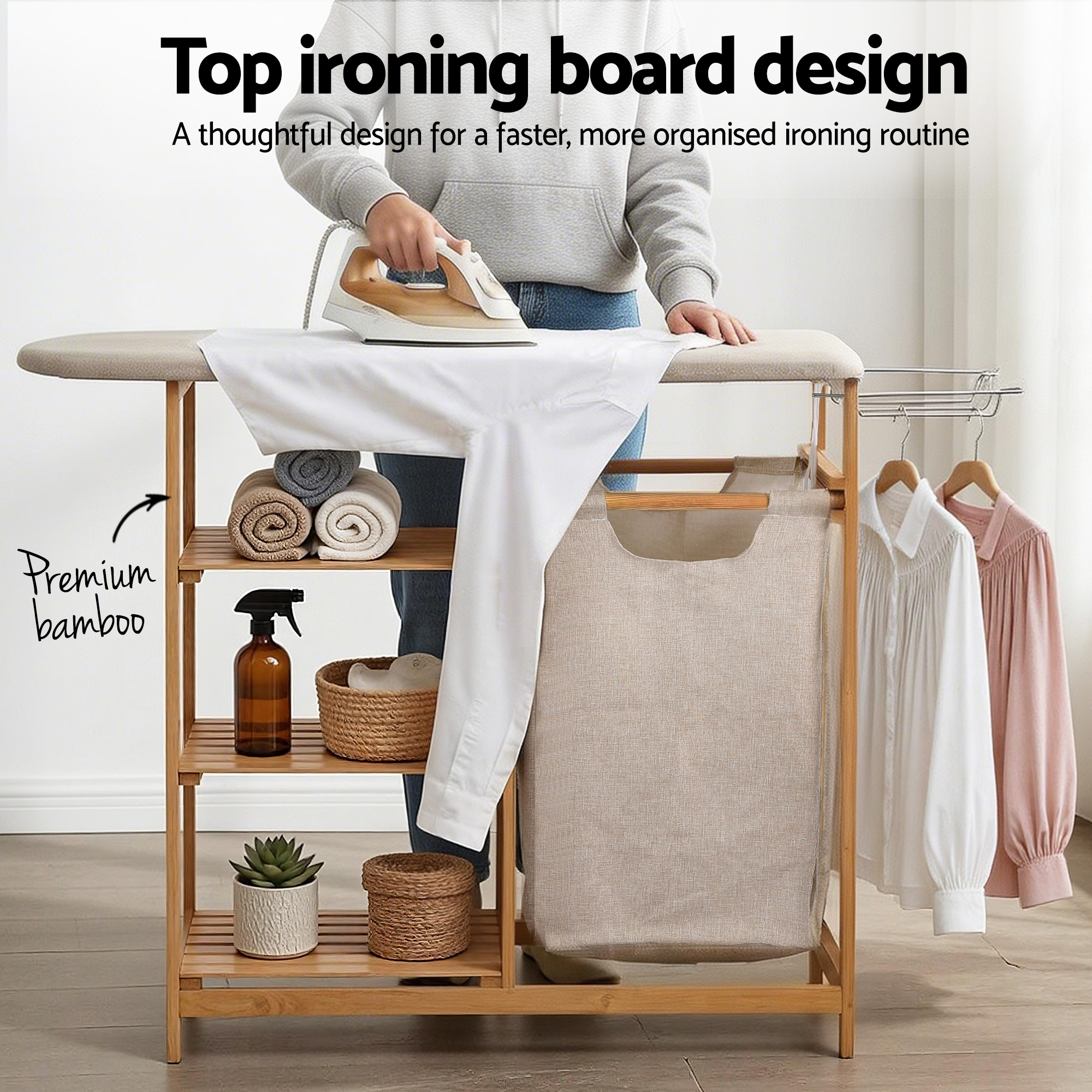 Artiss Laundry Basket Hamper with Ironing Board Bamboo — image 6