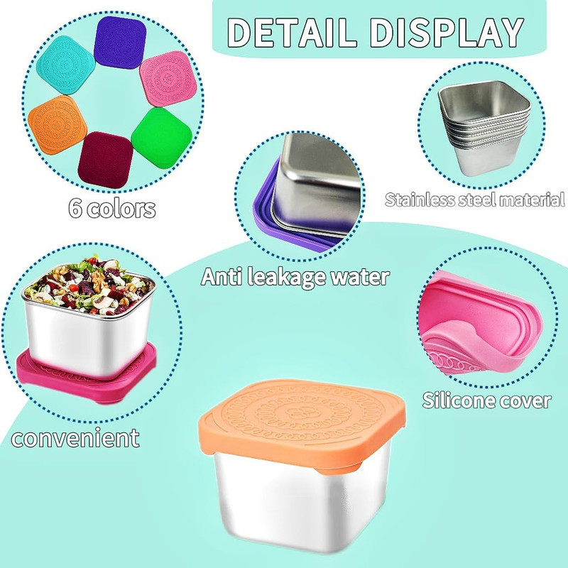 6Pack 6oz Stainless Steel Snack Containers and 2oz Salad Dressing To Go Containers with Silicone Lids, Reusable Square Meal Prep Condiment Sauce Containers — image 2