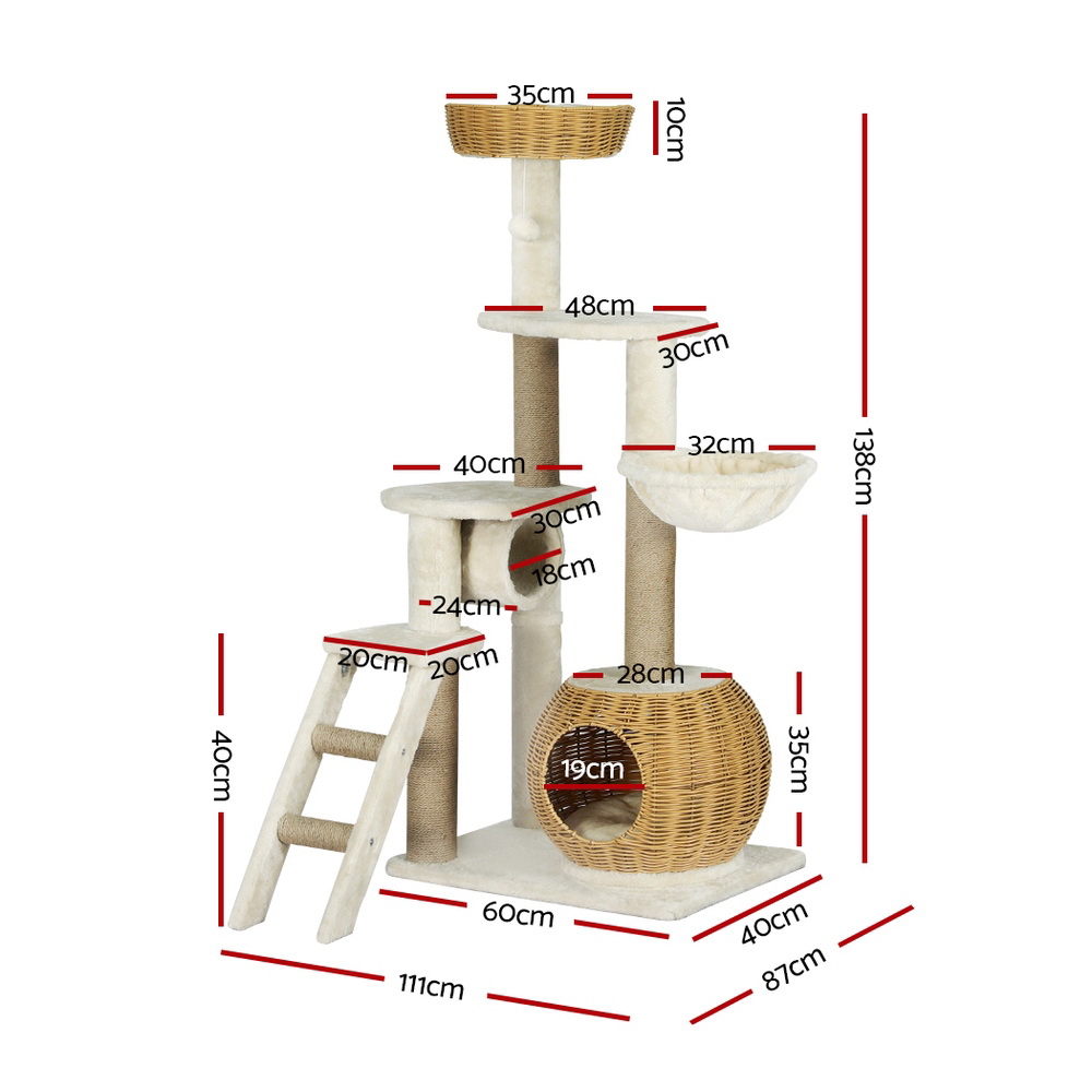 i.Pet Cat Tree 138cm Tower Scratching Post Scratcher Wood Bed Condo House Rattan Ladder โ image 2