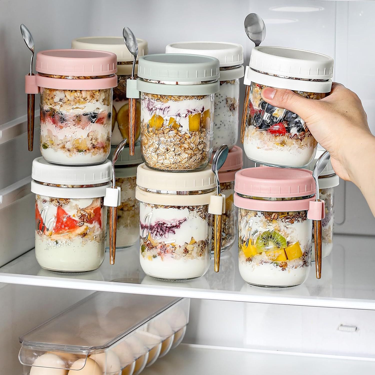 4-Pack 16oz Glass Overnight Oats Jars with Lids & Spoons, Airtight Mason Jars for Yogurt, Salad, Fruit, Meal Prep, Leak-Proof & Portable (Multicolor) — image 6