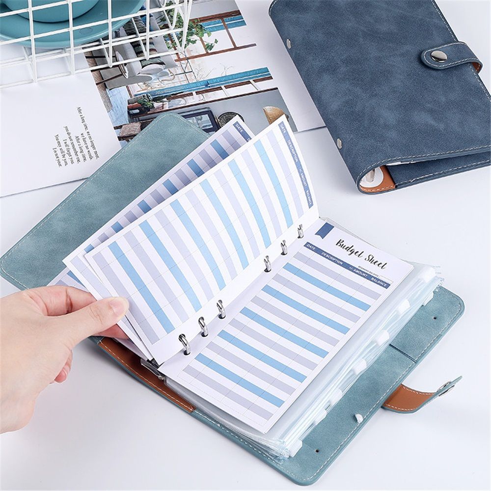 A6 binder diary, used for office, school, travel, business planning, including 12 budget cards, 8 PVC zipper bags, and 2 English stickers (cyan) — image 4