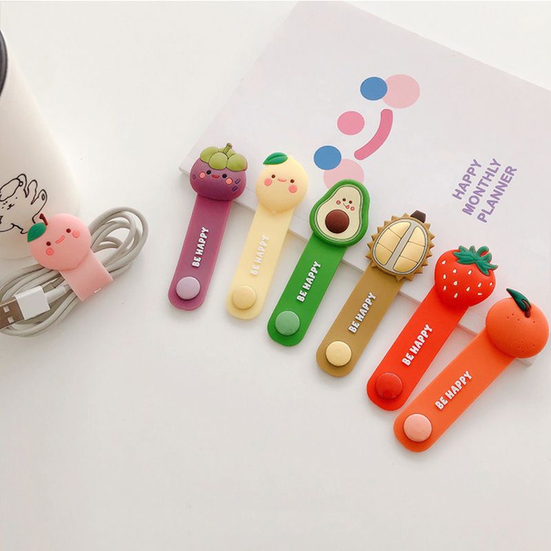 5Pcs Cartoon Fruit PVC Wire Organizer – Cable Clip Holder for Earphones, Cute Desk Accessory Tidy Up Charging Cables, Fun Office Gift Random Colors