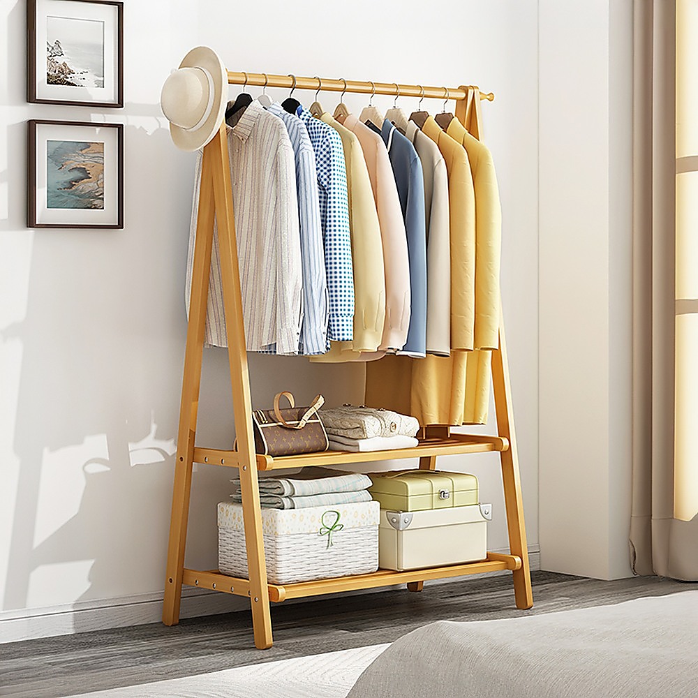 Portable Clothes Rack Coat Garment Stand Bamboo Rail Hanger Airer Closet — image 2