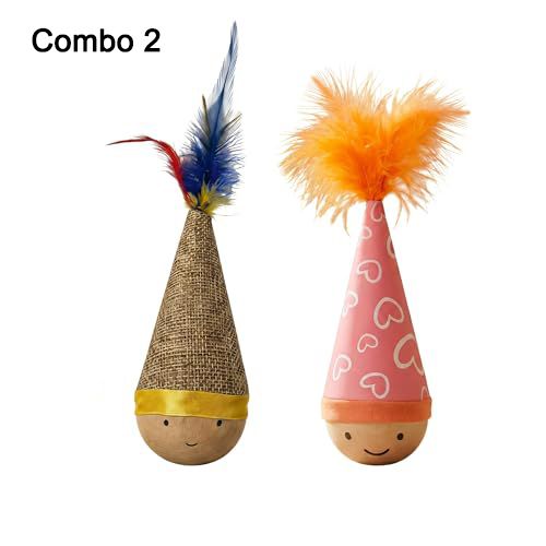 Self-Righting Pet Toy with Natural Wood Base and Durable Fabric Top, Featuring Feather Options and Playful Smile Design