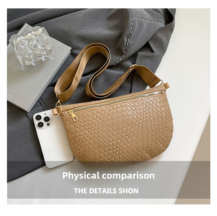 Women's Woven Crossbody Dumpling Bag Soft Vegan Leather Chest Waist Pack with Wide Adjustable Strap for Travel & Festivals (Red) — image 5