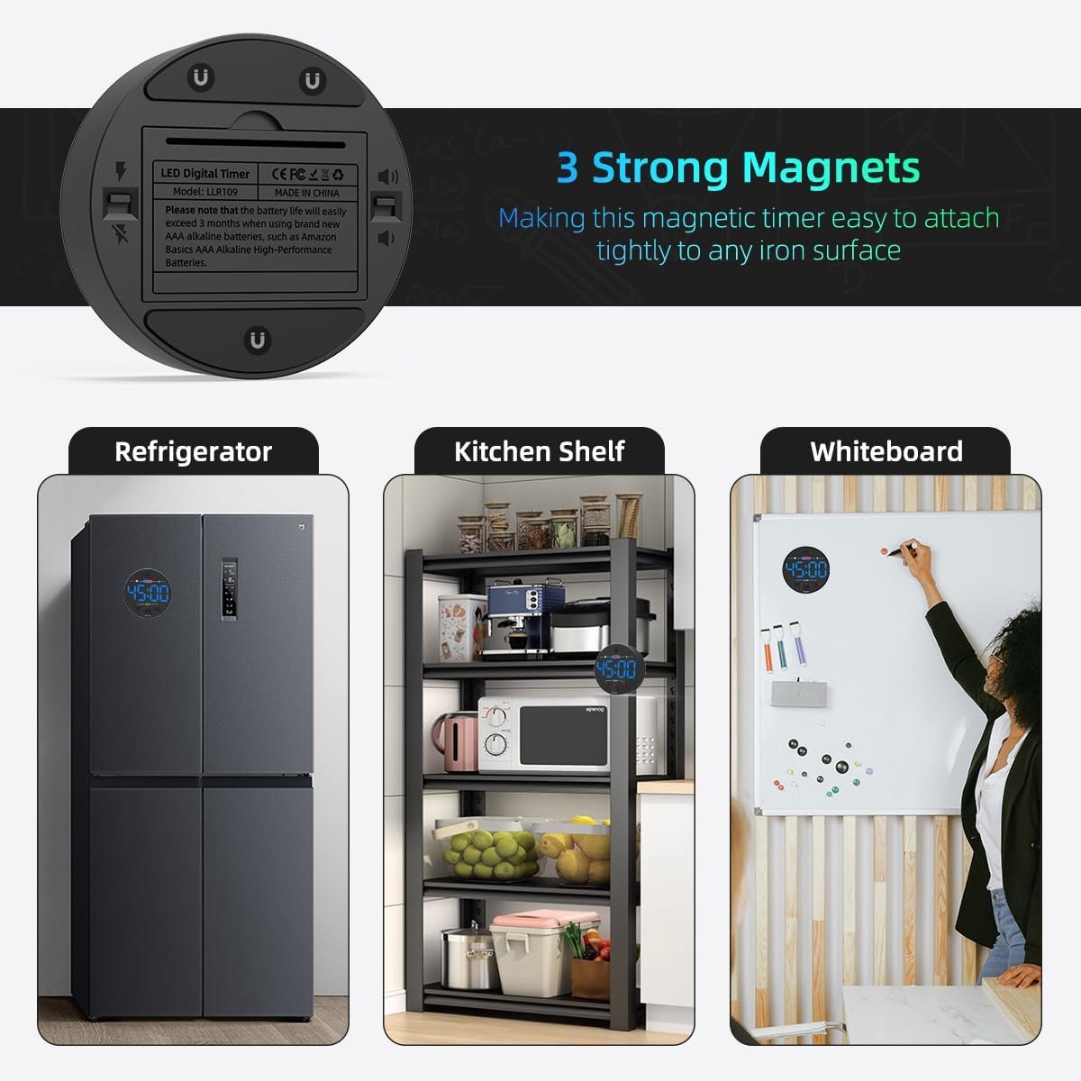 Digital Timer - Digital Kitchen Timer - Smart Timer - LED Display - Magnetic - Addition/Subtraction - Learn to Tell Time - Analog Kitchen Timer - Black — image 2
