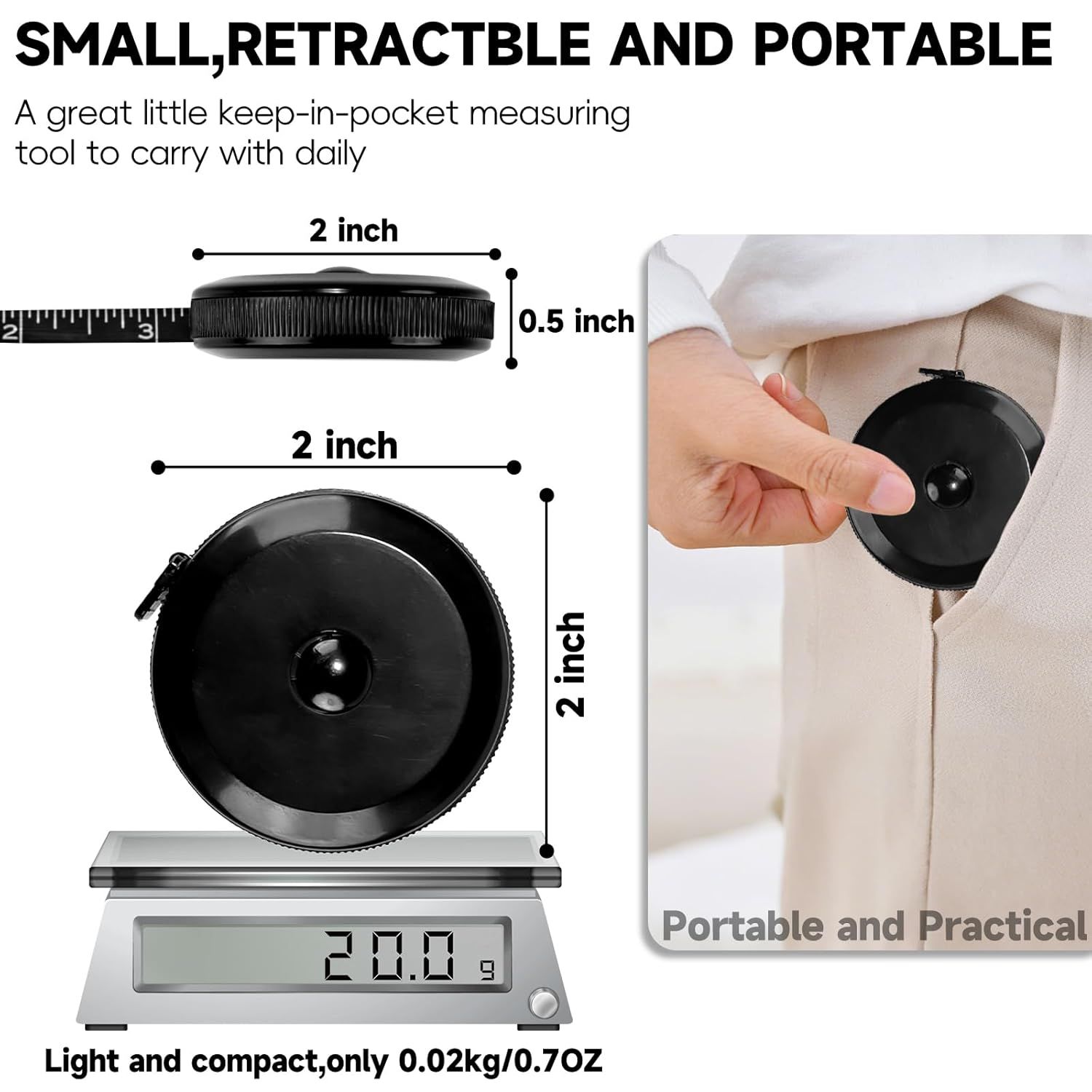 1 Pack Soft Tape Measure Retractable Measuring for Body Fabric Sewing Tailor,Black Sewing Tape Measures,Small Push ButtonDouble Scales Rulers 79-inch 2 — image 3