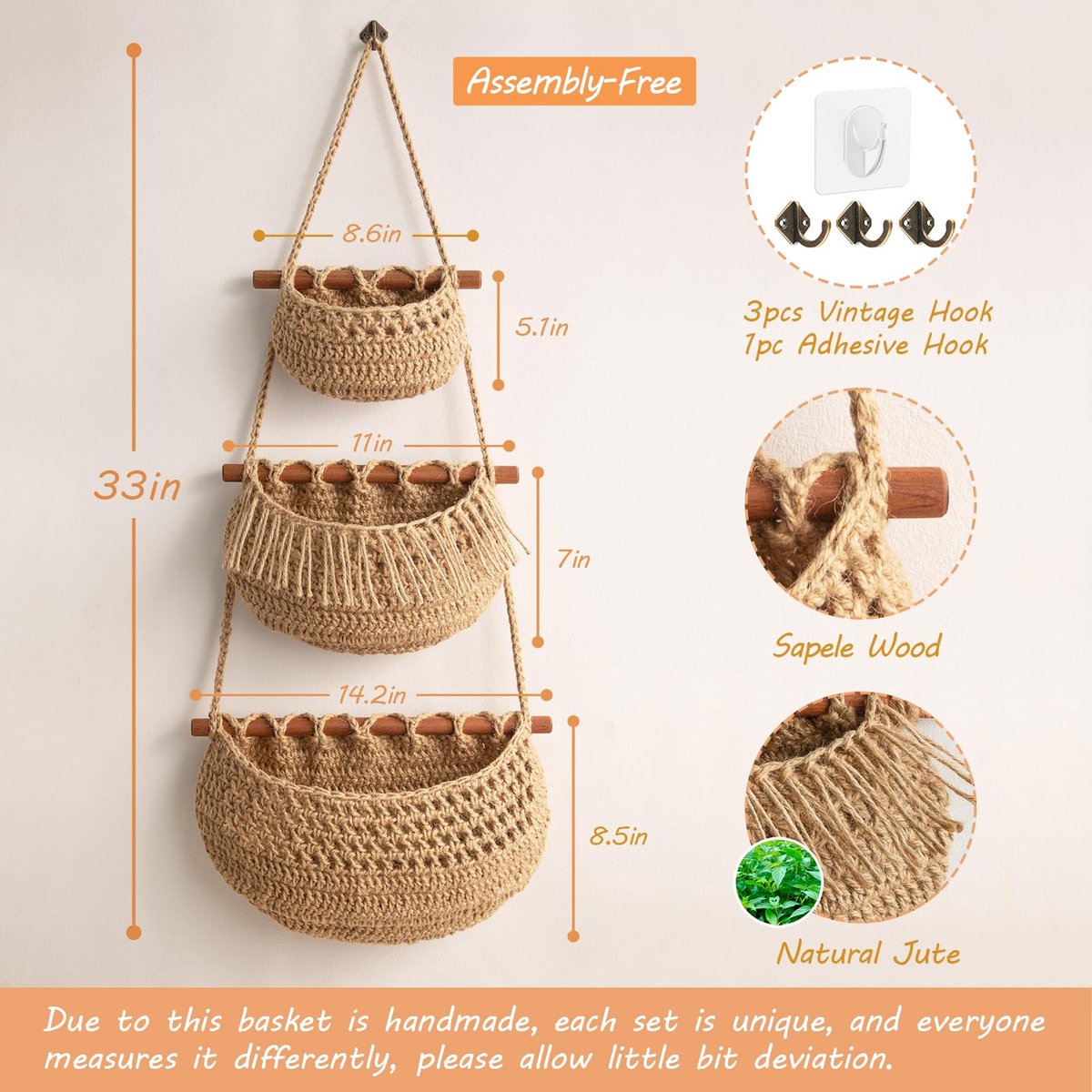 Hanging Fruit Basket - Hanging Storage - 3-Tier Over-the-Door Organizer - Woven Jute Wall Basket - Storage Bags - Over-the-Door Wall Organizer - For Entryway — image 6