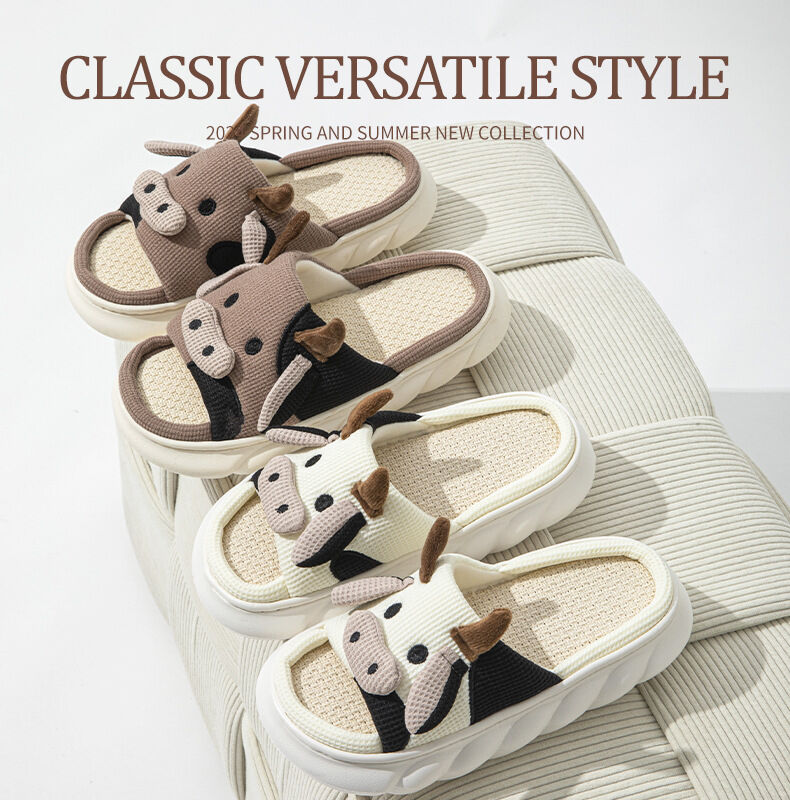 Unisex Cow Cartoon Linen Slippers: EVA Thick Sole Non-Slip Beach Sandals for Couples & Parent-Child, 7 Styles(black-41-42) — image 3