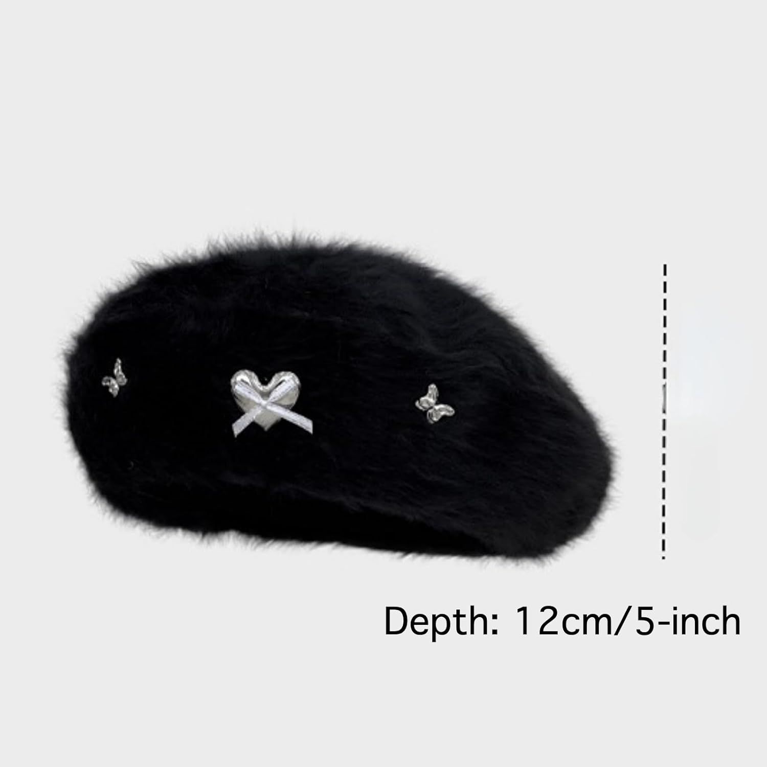 Fuzzy Faux Fur Beret with Heart Bow Butterfly Metal Gems for Women, Winter Atmosphere Artist Hat for A Slim Face Look โ image 3
