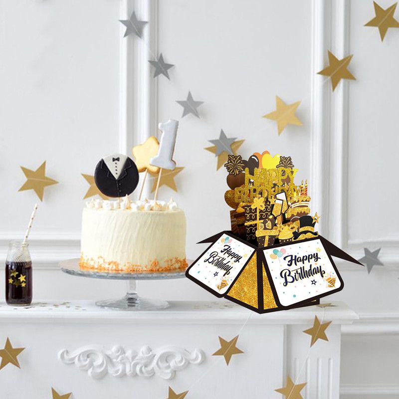 3PCS-Black Gold Glitter DIY Number Birthday Box 3D Pop Up Card, Age Birthday Greeting Card — image 4