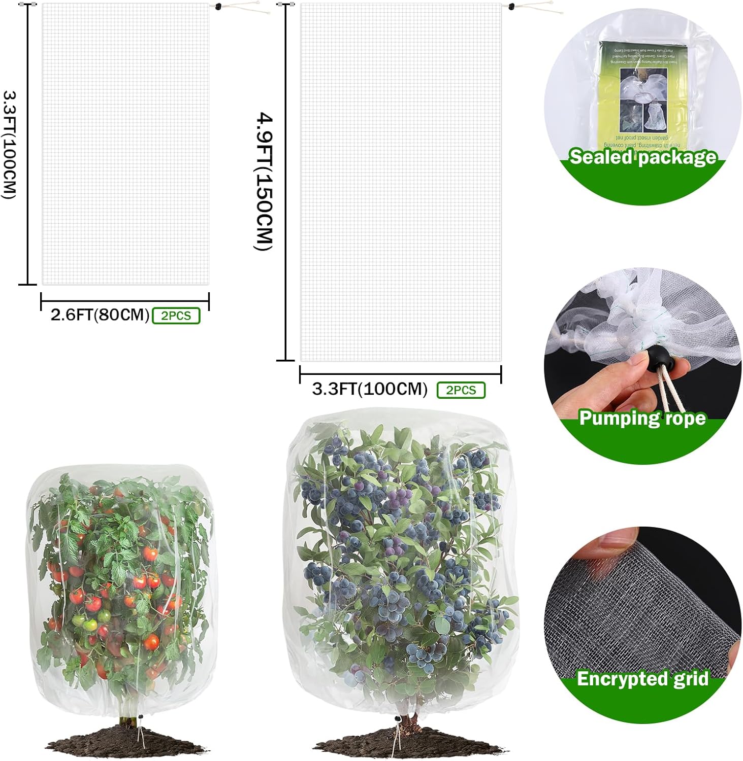 4 Pack Garden Mesh Netting for Plants 2.6x3.3ft - 3.3x4.9ft Insect Bird Netting Pest Barrier Bag with Drawstring 2 Size Fruits Tree Blueberry Bush — image 2