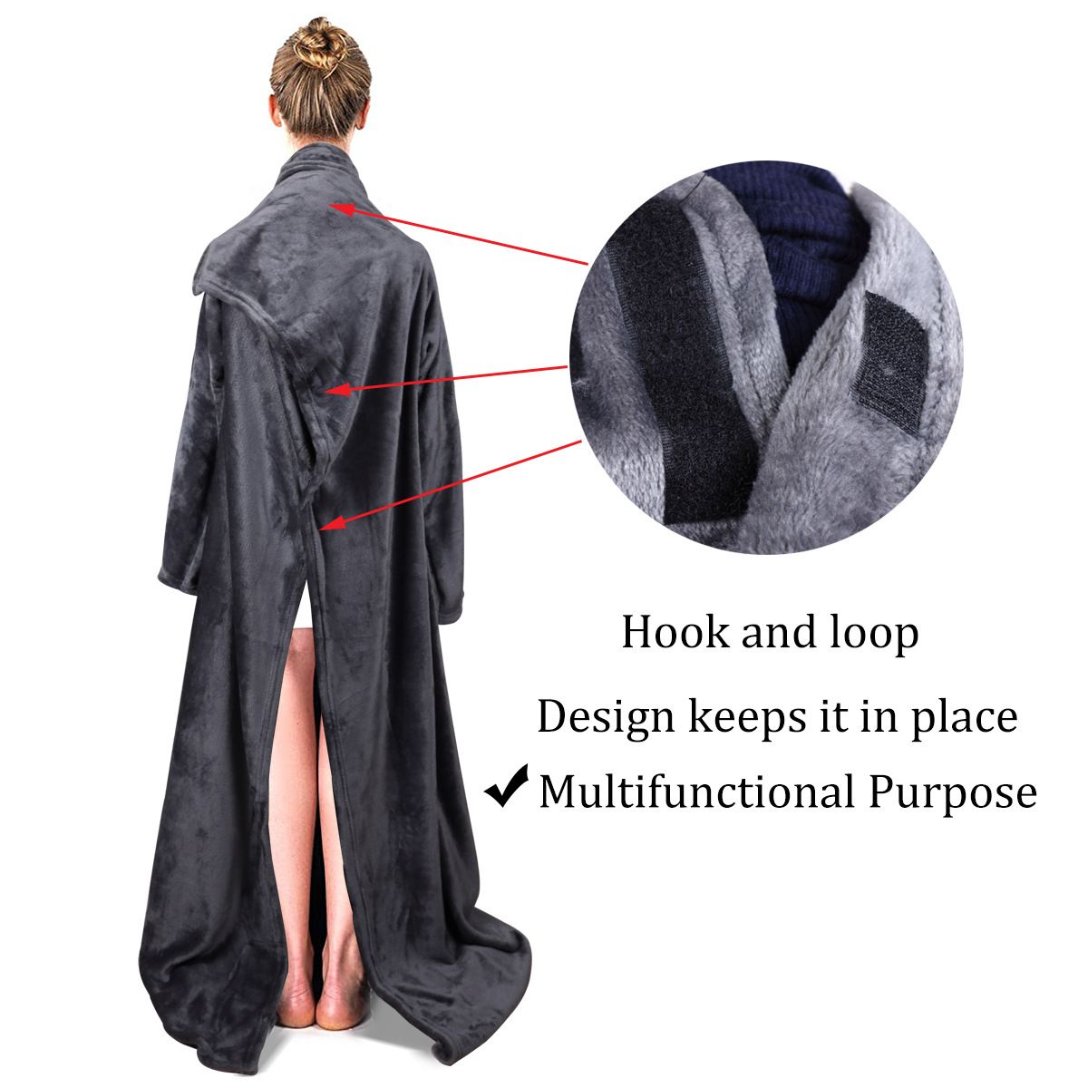 Winter Cozy Warm Loungewear Gift Set – 170 × 200CM Navy Blue Flannel Fleece Wearable Blanket with Adjustable Sleeves Large Front Pocket and Back Velcro — image 4