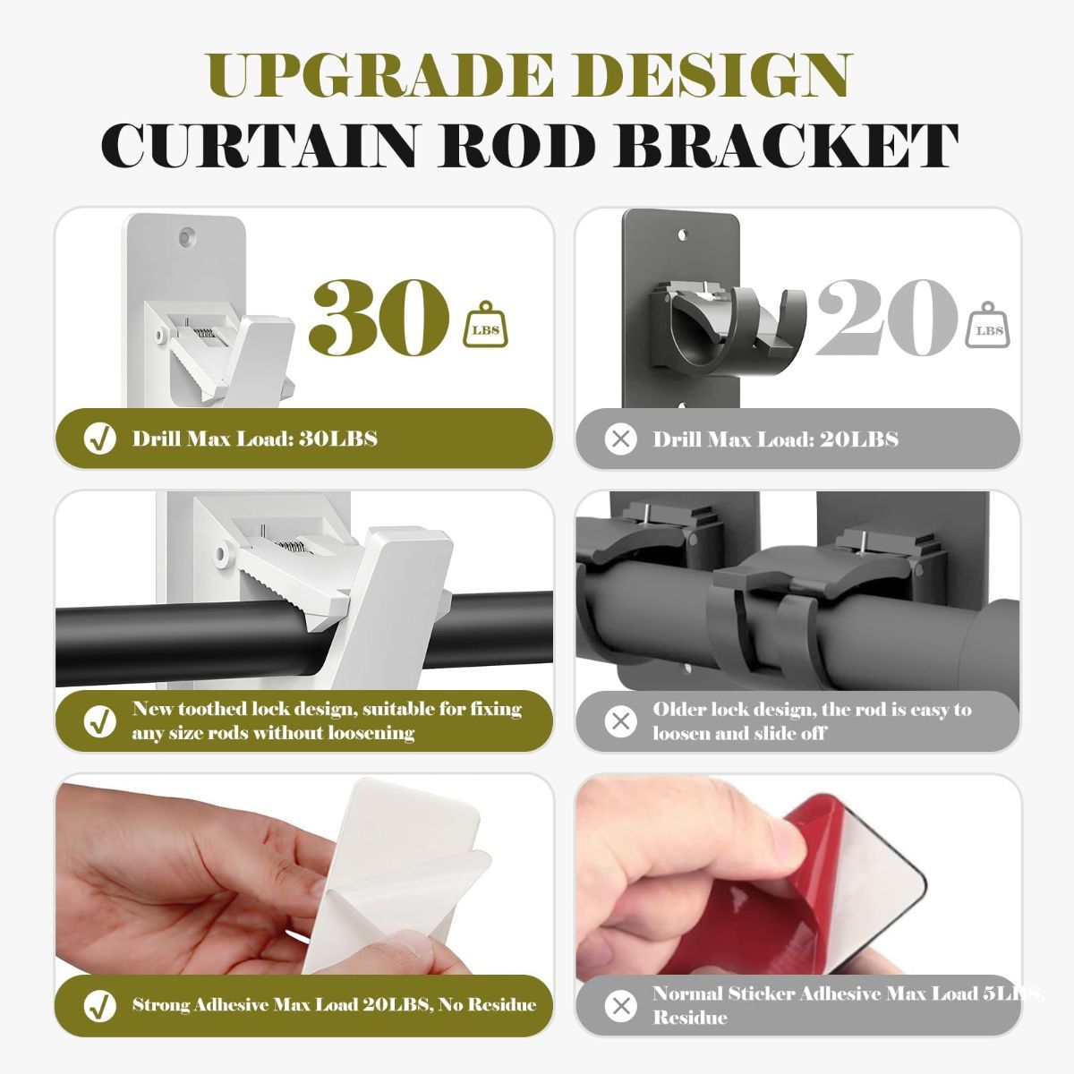 4 Pack No Drill Curtain Rod Brackets, Universal Curtain Rod Holder, Self Adhesive Curtain Rod Bracket Heavy Duty 30 LB, Nail Free Curtain Rod Bracket — image 4