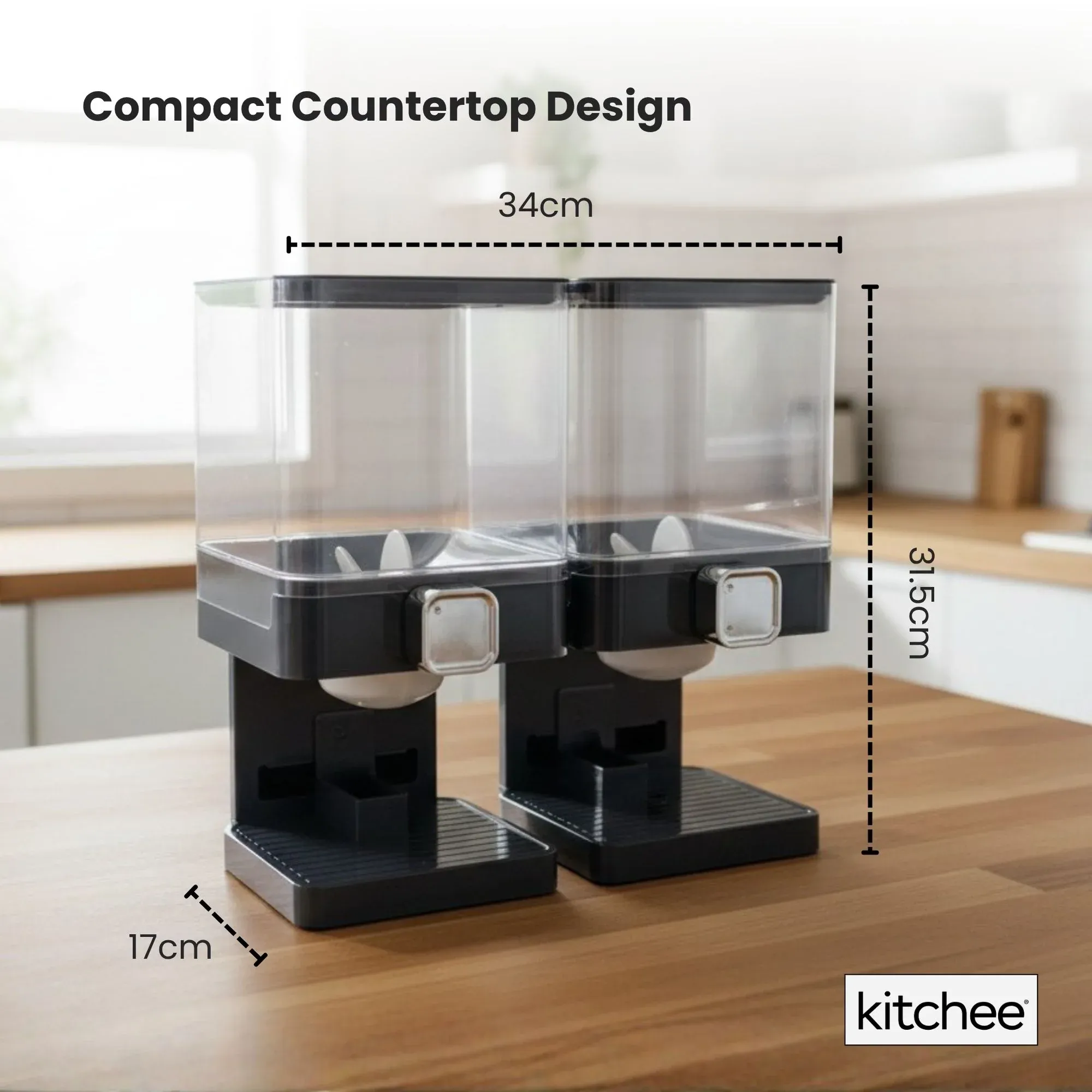 Kitchee 3.7L Double Cereal Dispenser Countertop Rice or Grain Storage Black — image 4