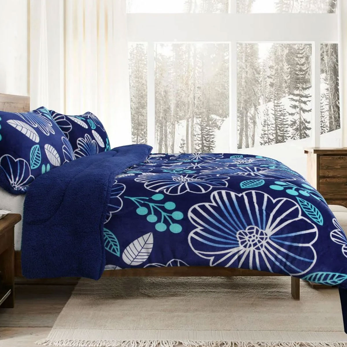 Ramesses Blue Flower Printed Sherpa Flannel Fleece Reversible Blanket Set Queen/King — image 4