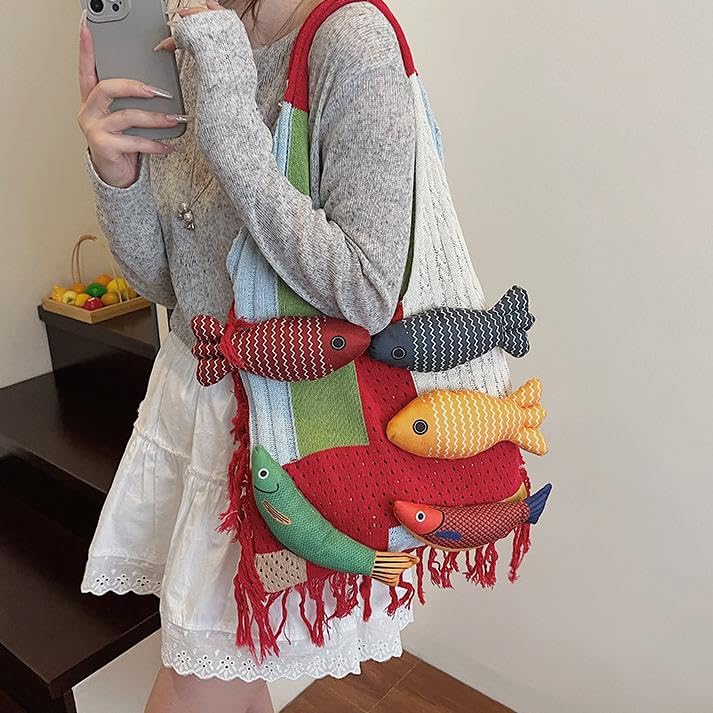 Boho Knit Tote Bag with 3D Fish Applique – Patchwork Shoulder Bag for Women, Beach, Travel & Daily Use – Soft Fringe Design (Red) — image 3