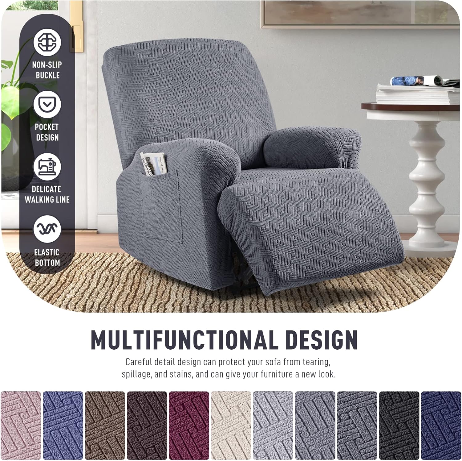 Recliner Covers, Stretch Reclining Chair Covers, Recliner Sofa Slipcovers Stripe Jacquard Recliner Couch Covers Furniture Protector Covers for Pet Kid (1 — image 4