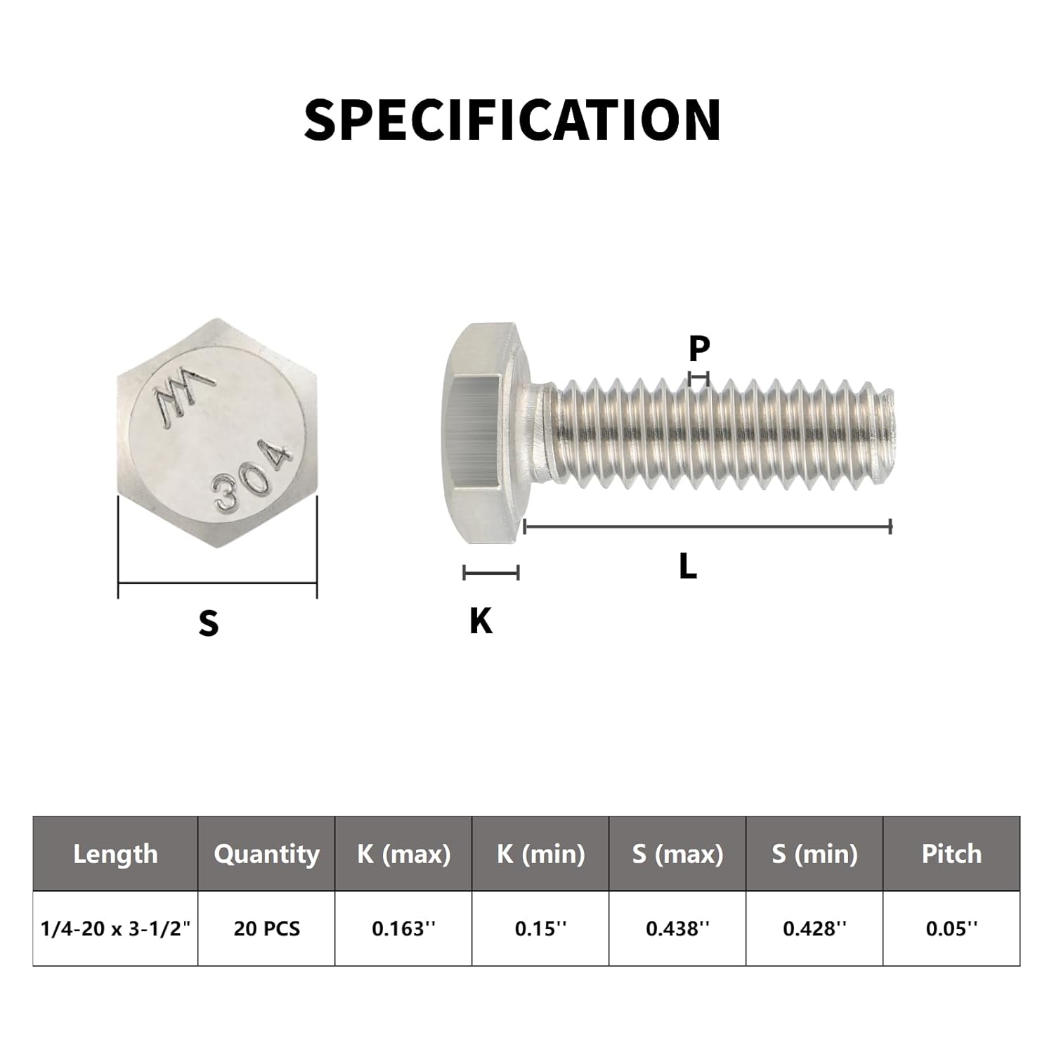 15Pcs 1/4-20 x 3-1/2" Hex Head Screws Bolts,304 Stainless Steel 18-8,Fully Threaded,External Hex Drive,Mounting Chair,Rail,Pump,Wheels,Handles,Antenna โ image 5