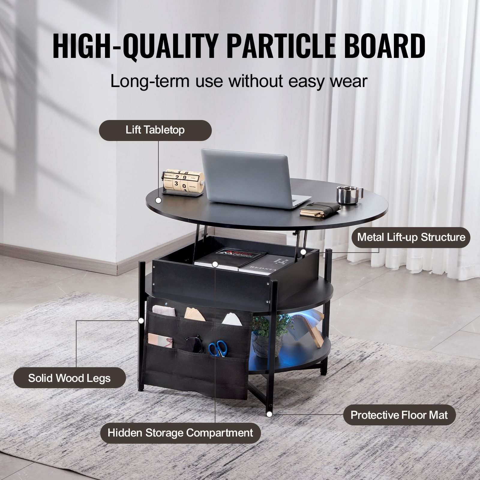 Lift Top Coffee Table 35.3" Round Coffee Table for Living Room Black โ image 5