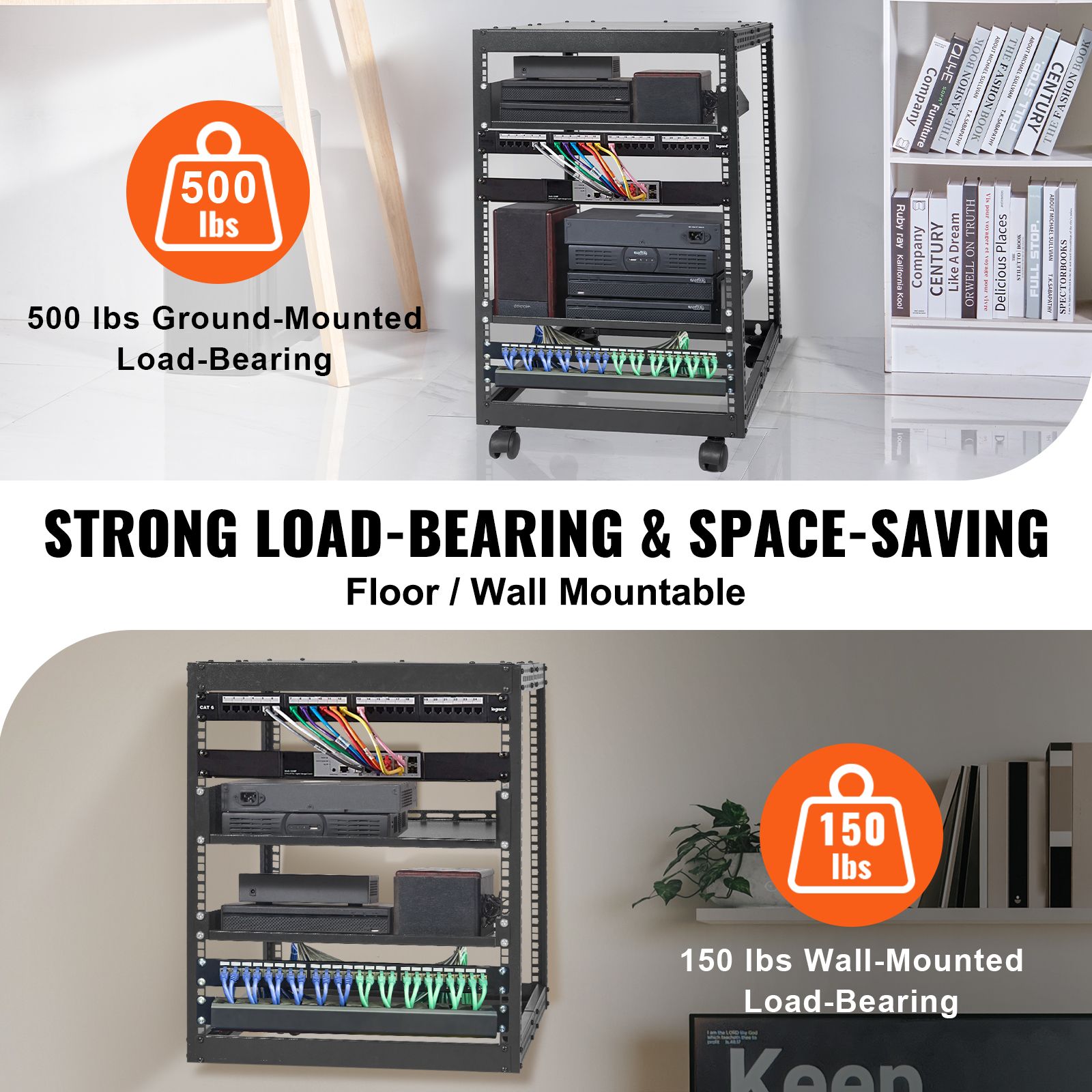 15U Open Frame Server Rack, 23-40 in Adjustable Depth, Free Standing or Wall Mount Network Server Rack, 4 Post AV Rack with Casters, Holds All Your Networking — image 3