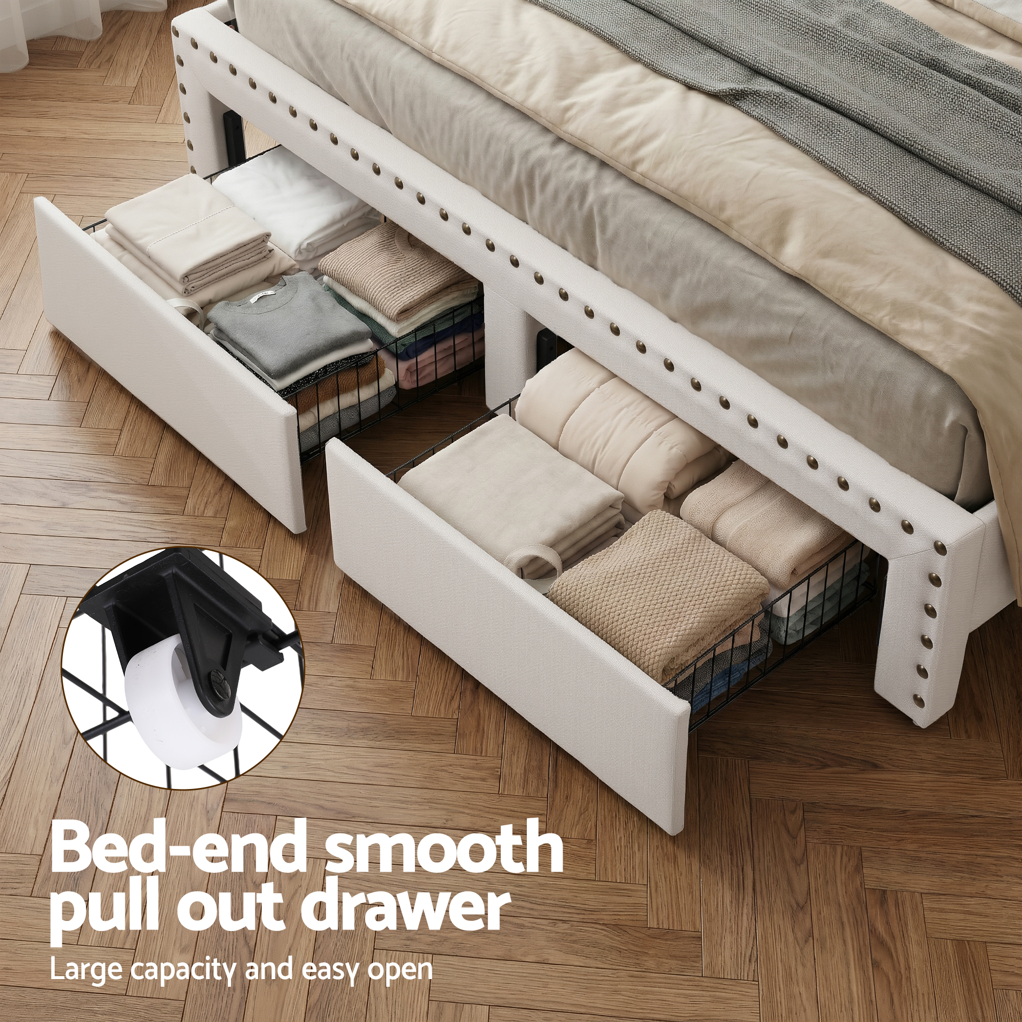 Artiss Queen Upholstered Bed Frame with Shelf Storage Drawers Charging Station Mood Lighting Linen โ image 6