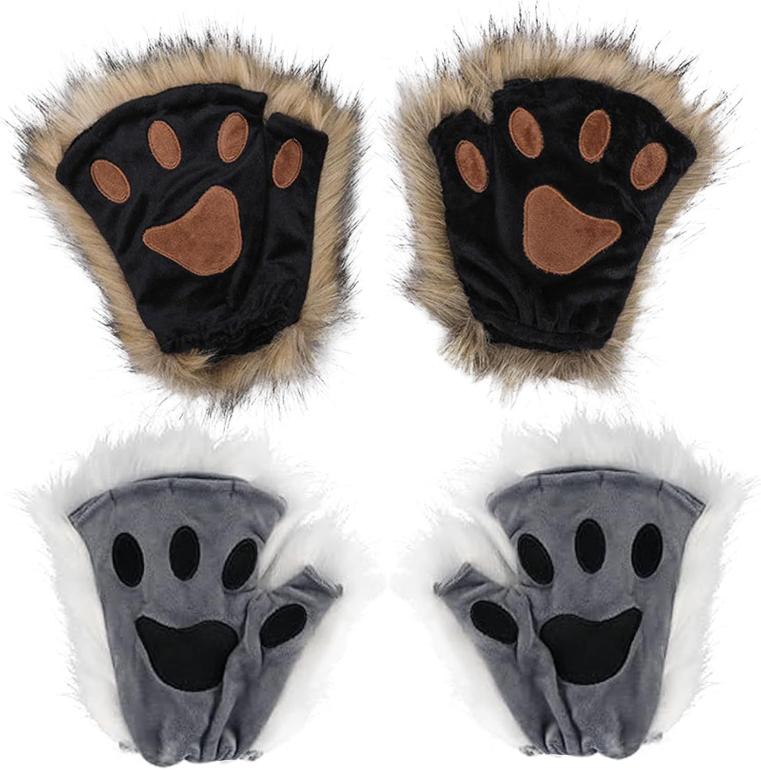 Black Grey Half Finger Cat Paw Therian Gloves for Adults Kids Cosplay, Embroidered Realistic Faux Fur Paws with Soft Texture, Perfect for Stage and Theme — image 6