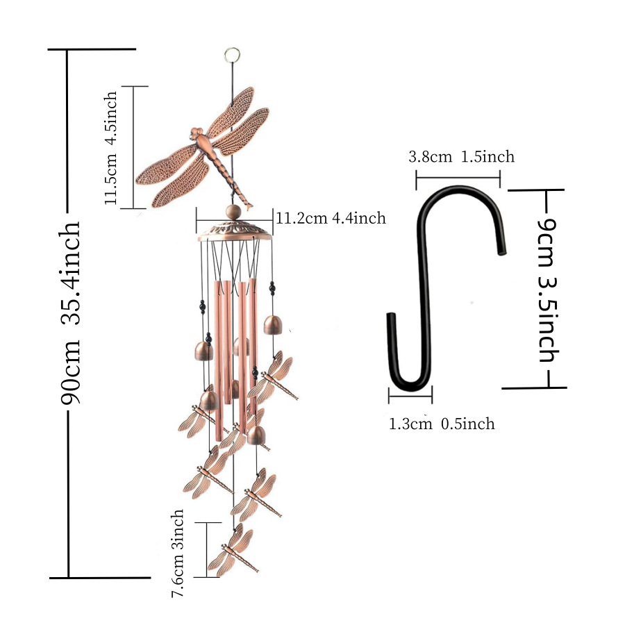 90cm Large Creative Dragonflies Vintage Metal Tube Wind Chimes - Handcrafted Musical Hanging Decor for Garden and Home with Hanging Hook — image 2