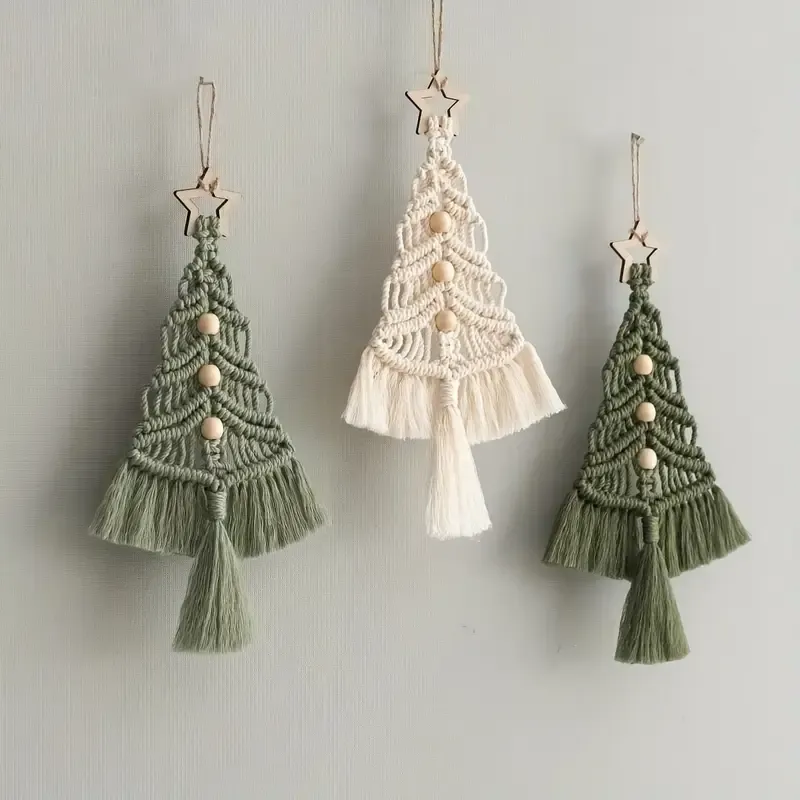 Bohemian woven Christmas tree wall hanging, handmade from pure cotton, accented with wooden beads and tassels, an artistic and healing holiday decoration โ image 4