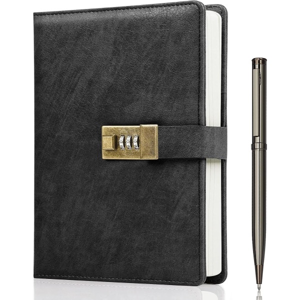 Diary with Lock, A5 PU Leather Journal with Lock, 240 Pages, Vintage Lock Journal Password Protected Notebook with Pen and Gift Box, 21.8 × 14.7 cm