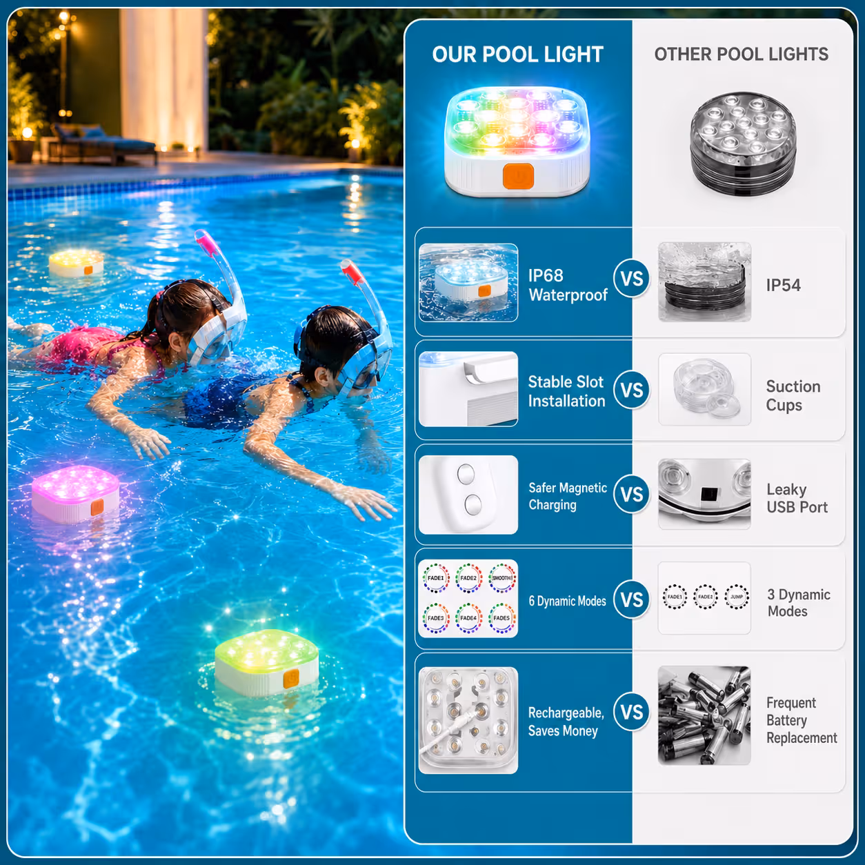 Rechargeable Magnetic Pool Light - IP68 Waterproof Underwater LED Light with Remote Control - 16 Colors 2600mAh Battery for Above Ground Inground Pools - 1 โ image 5