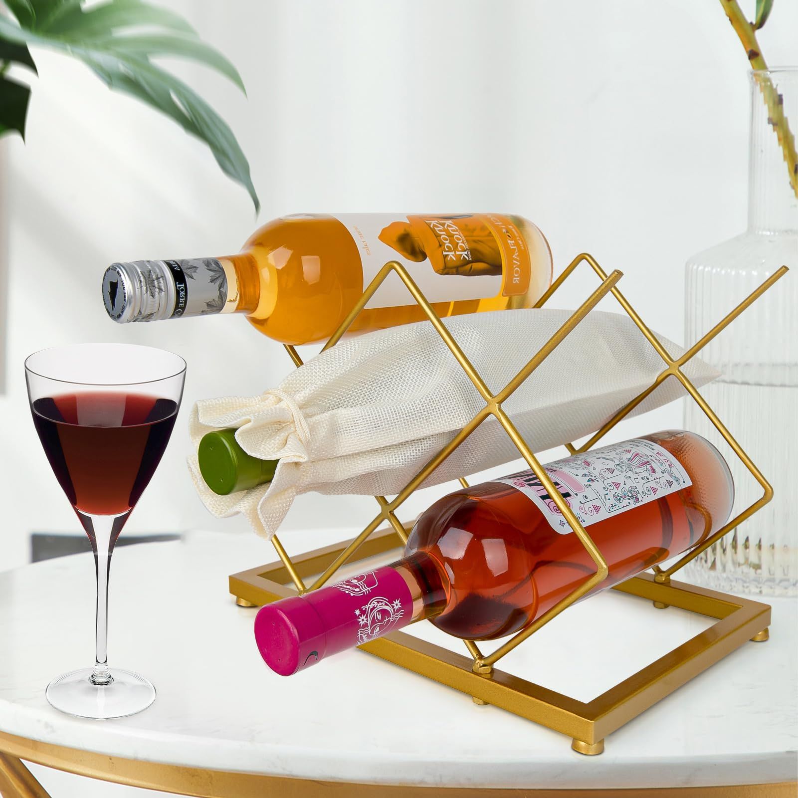 Wine Rack Countertop -5 Bottle Freestanding Modern Gold Metal Small Wine Rack Tabletop Wine Bottle Holder Stand for Cabinet Pantry — image 4