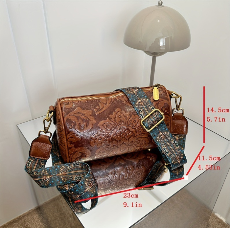 Brown Vintage Embossed Crossbody Barrel Bag with Wide Adjustable Guitar Strap โ image 3
