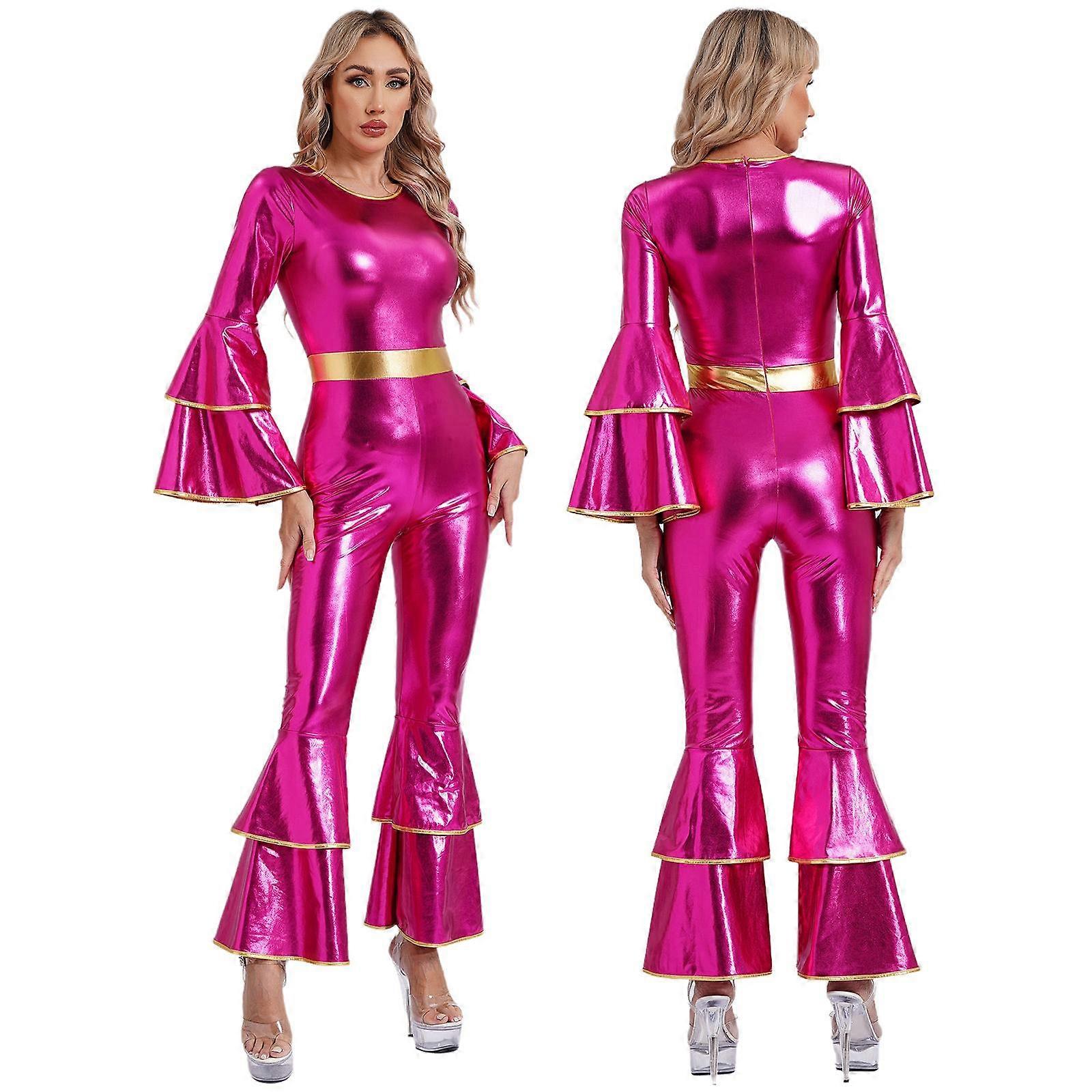 Women's Vintage 70s Disco Shiny Jumpsuit Bell Bottom Hippie Romper Cheerleading Uniform Halloween Cosplay Theme Party Costume royal blue_yux royal blue M — image 3