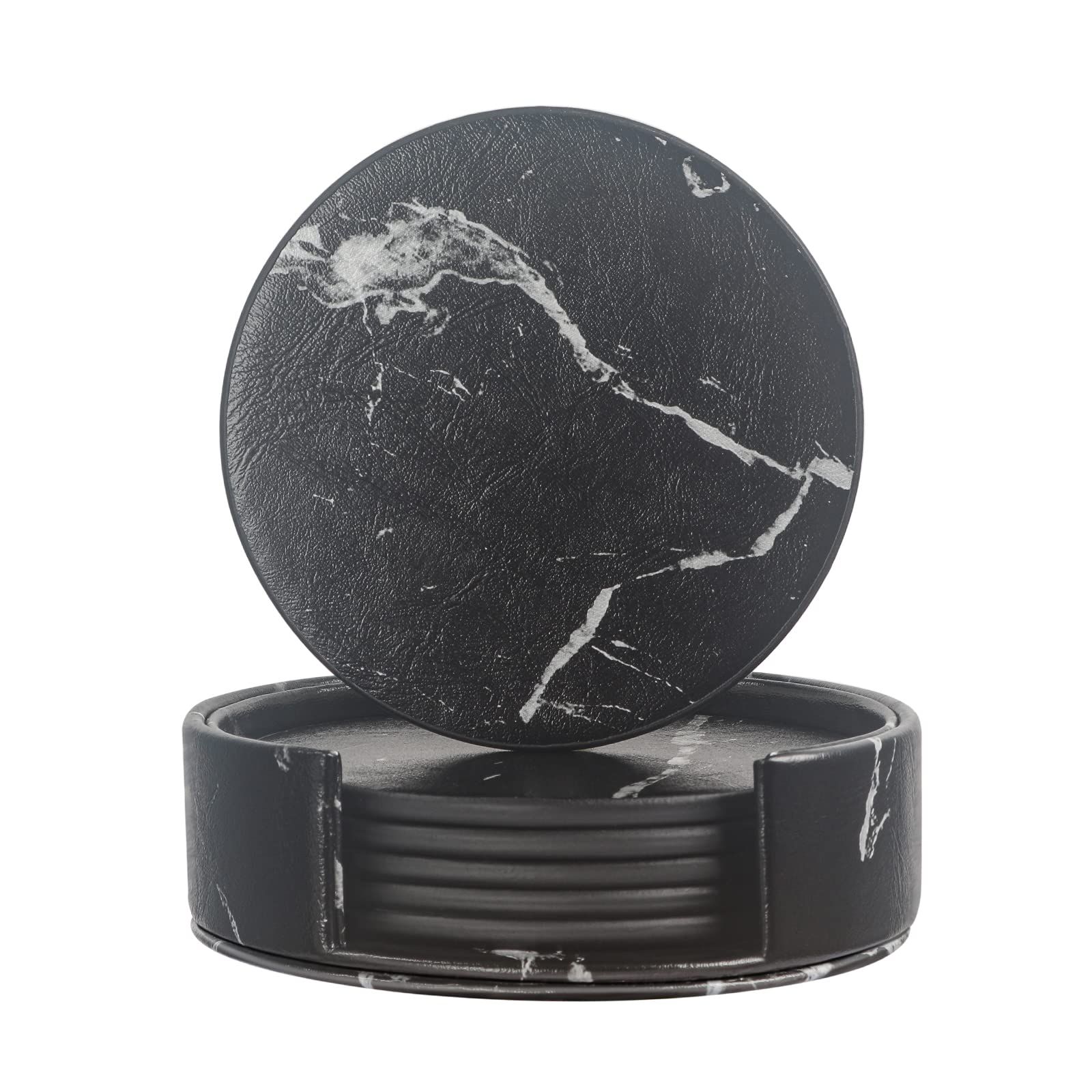 Coasters for Drinks, 6 PCS Premium PU Leather Drink Coasters with Holder, Heat Resistant Round Cup Mat Pad - Protect Table from
