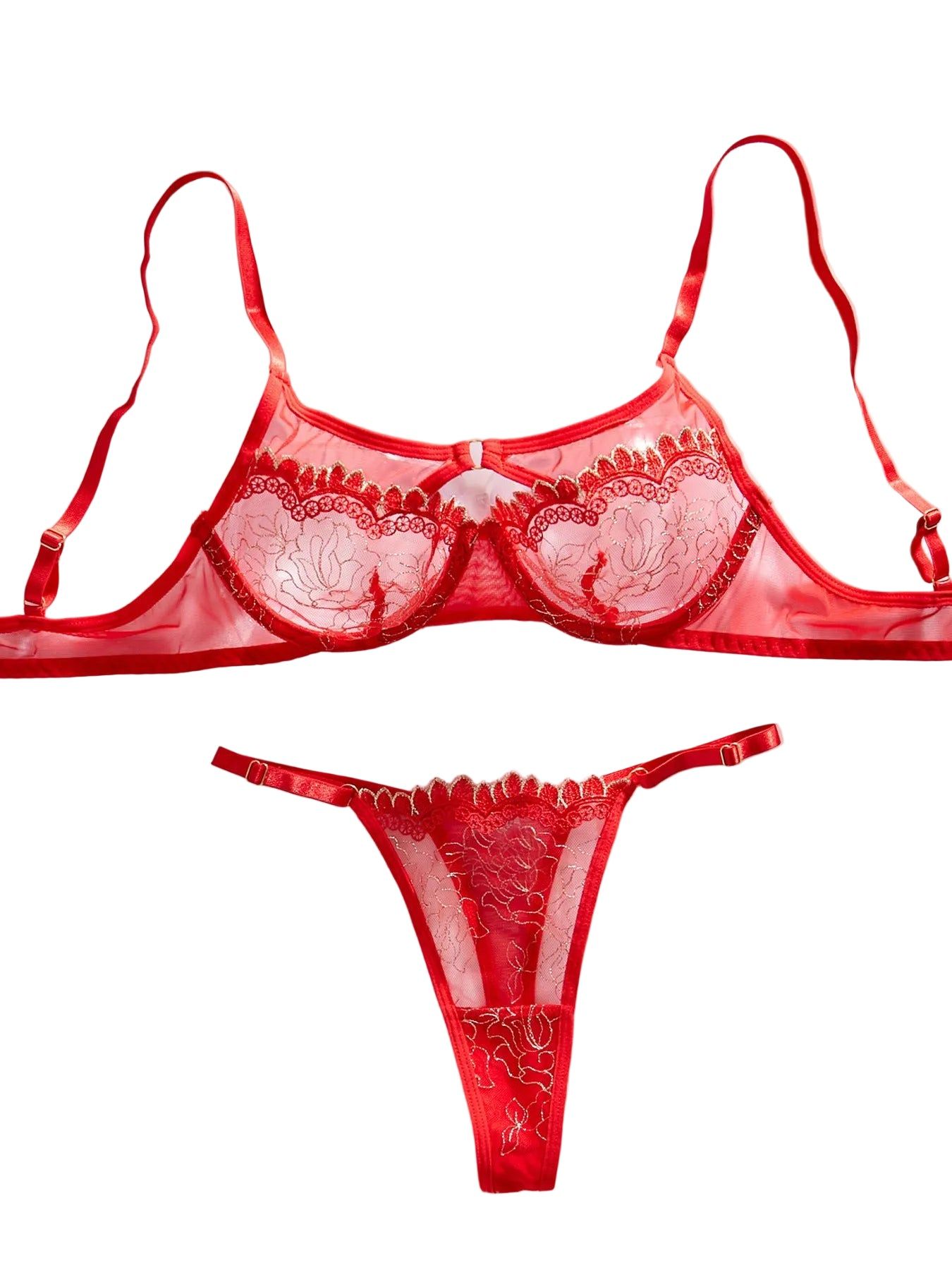 House Of Dasein Sexy Embroidered Splicing Hollow Design Underwear Two Piece Set - Red - L